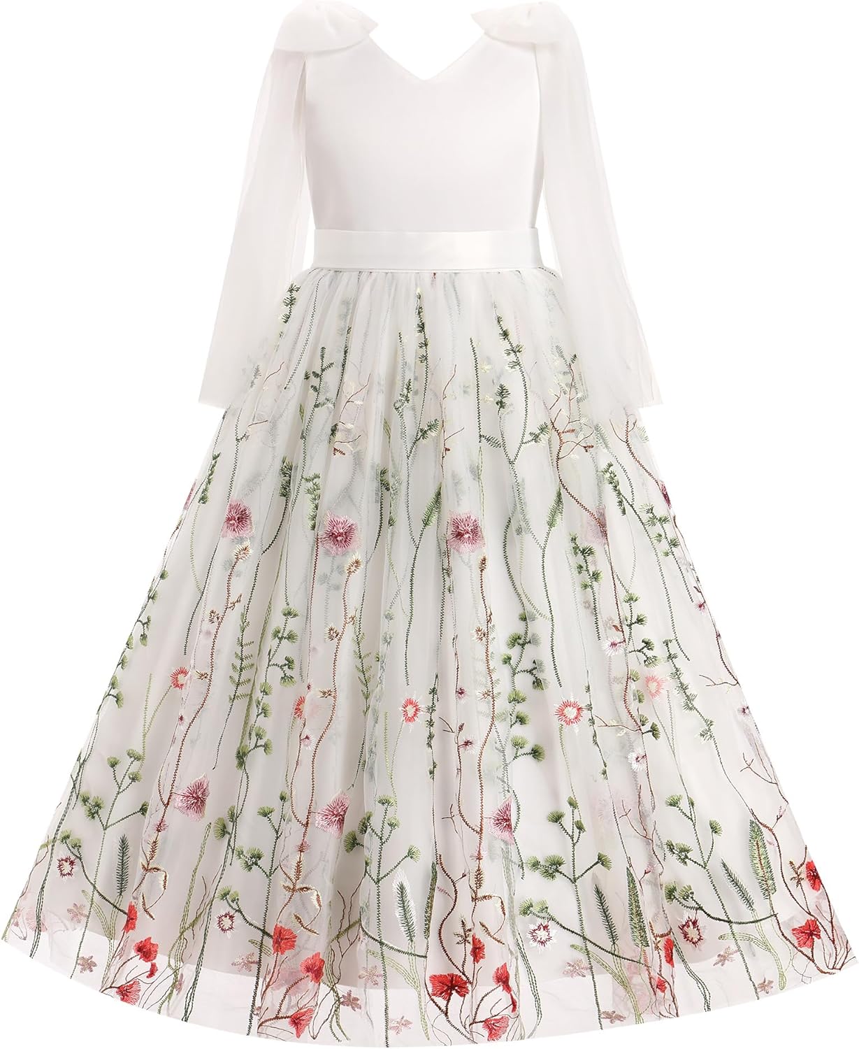 IBTOM CASTLE Flower Girl Dress Satin Floral Embroidered Tulle Long Dress Junior Bridesmaid Wedding Birthday Formal Ball Gown