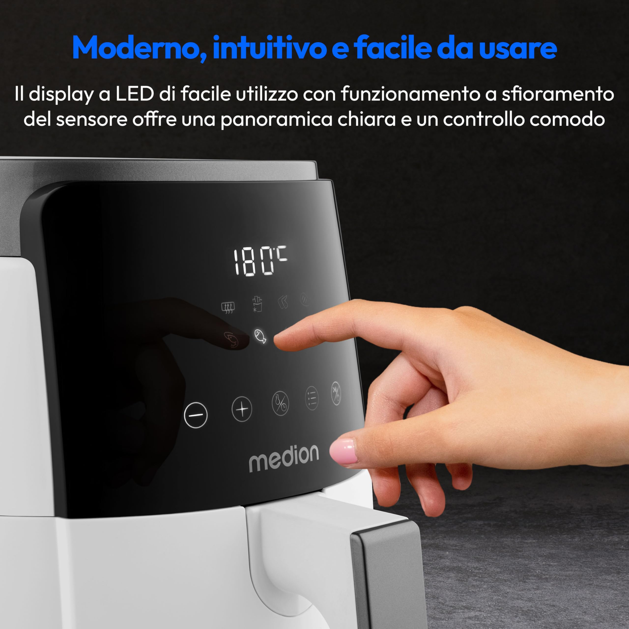 MEDION Friggitrice ad aria calda P40 L (4,7 litri, 1500 watt, funzionamento semplice, frittura senza olio, timer 60 minuti, fino a 200° C, rivestimento antiaderente, MD13030) bianco