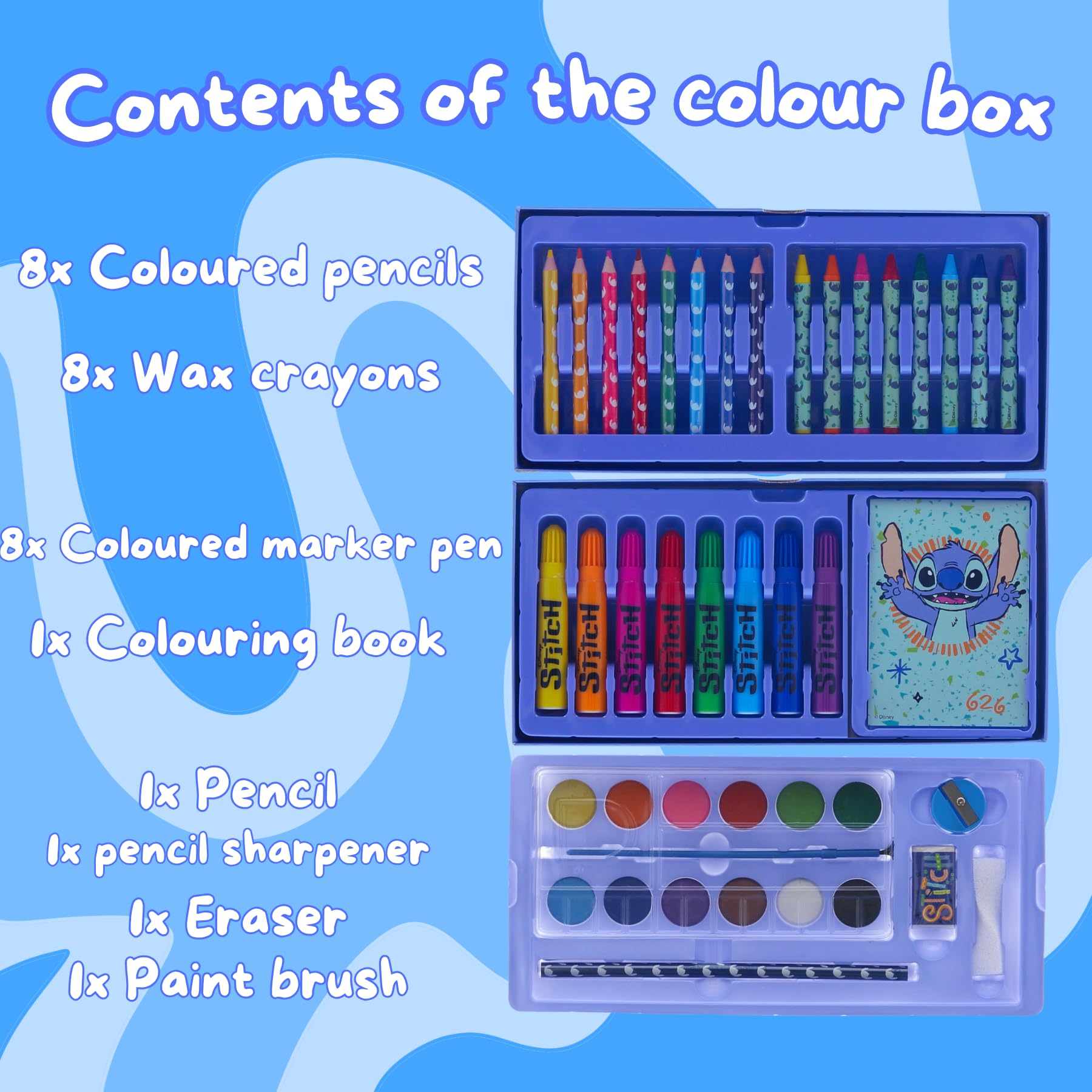 Stitch - Valigetta da colorare per bambini – Set da colorare blu da 52 pezzi con scatola di colori, matite colorate, pennarelli e pastelli a cera – Valigetta da disegno a 3 piani – Set creativo e