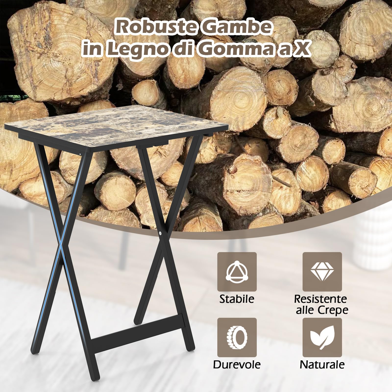 COSTWAY Set di 4 Tavolini Pieghevoli, Tavolio da Giardino in Legno, Maniglia per il Trasporto, Tavolino Laterale Portatile per Giardino Balcone Soggiorno, Portata 30 kg, 48 x 40 x 67 cm