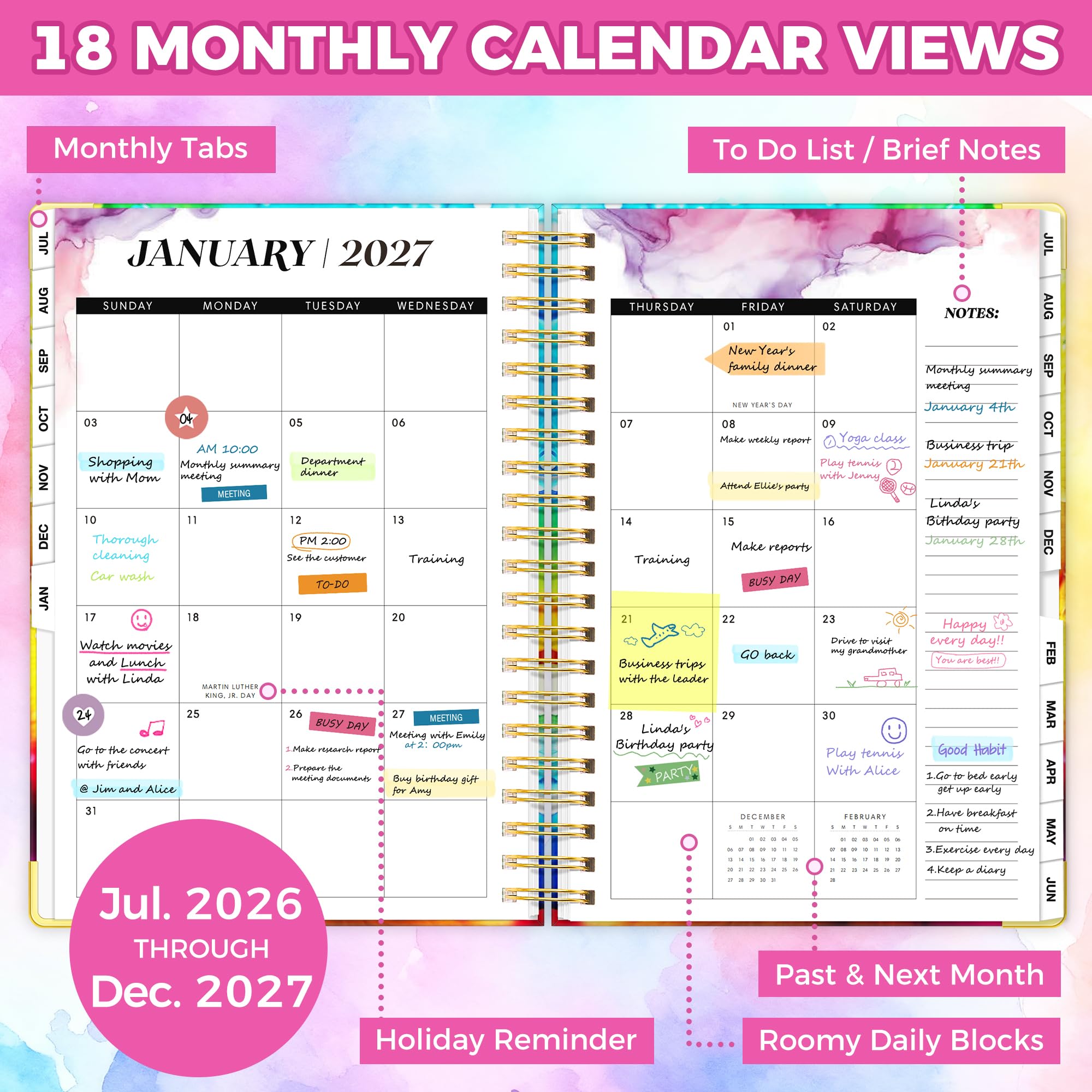 Planer 2026-2027, 18 Monate Wochen- und Monatsplaner, Januar 2026 - Juni 2027, 22,9 x 29,5 cm, Hardcover Kalenderplaner mit Seitenregistern, Trennseite, Innentasche, Lesezeichen, Aufkleber