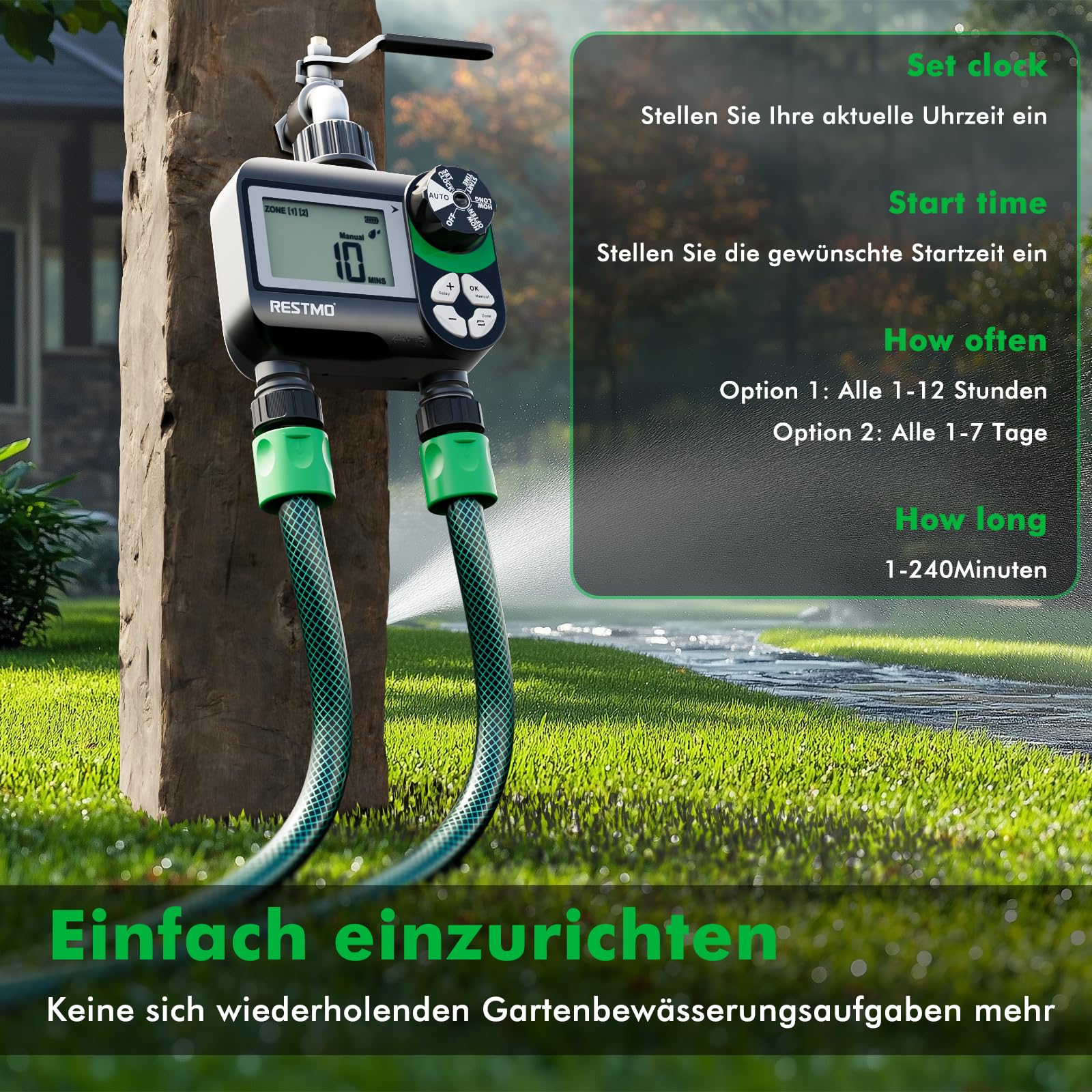 RESTMO Wasserzeitschaltuhr, programmierbare Bewässerungscomputer, 3 Bewässerungsmodi, Zeitschaltuhr für Außenwasserhahn, Rasen-Bewässerungssystem, Schwarz - Intervallplan - 2 Zone