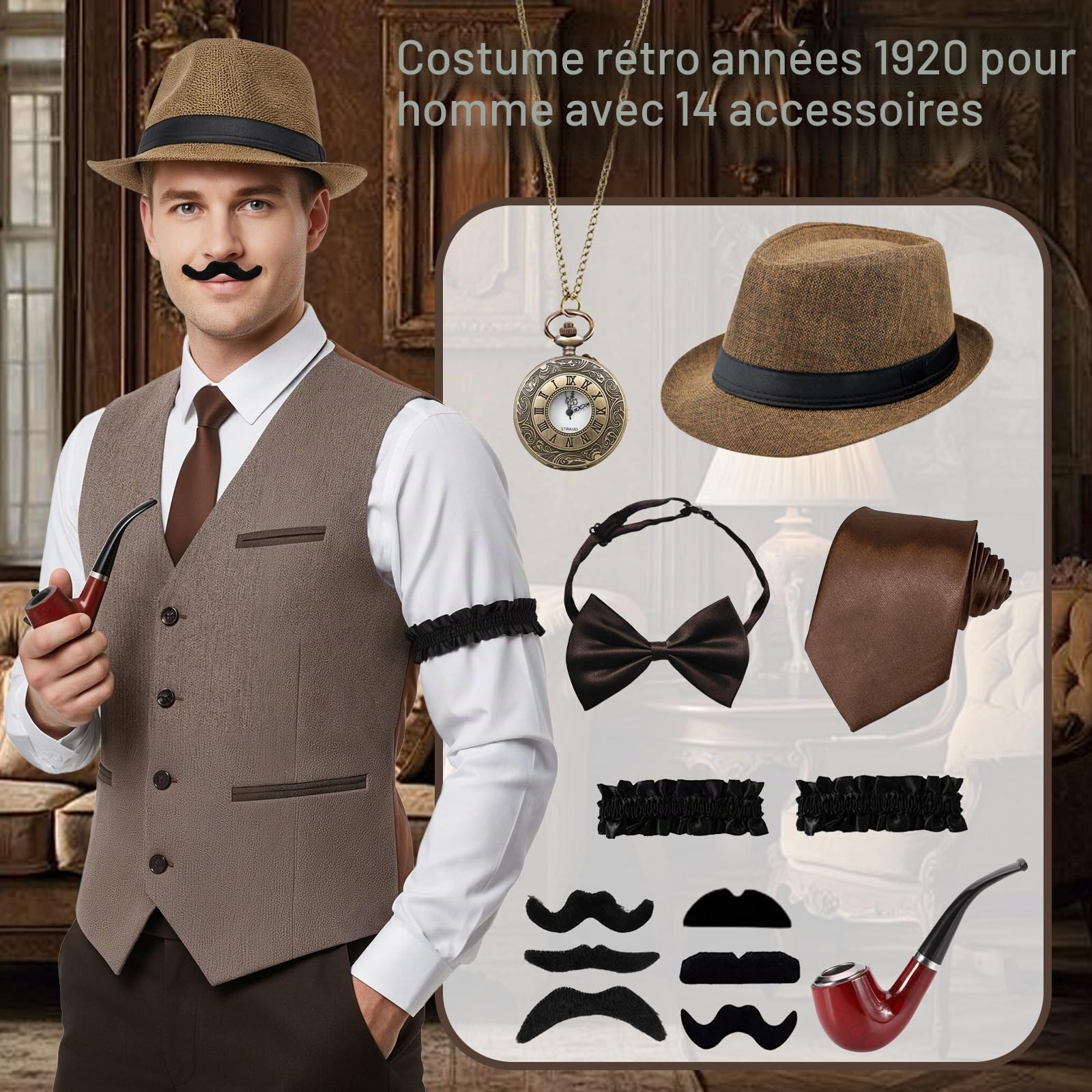 Xerteam Costume des années 20 pour homme, costume des années 20 pour homme, gangster, tenue des années 1920 avec chapeau, gilet marron, cravate, nœud papillon, montre de poche, 6 moustaches