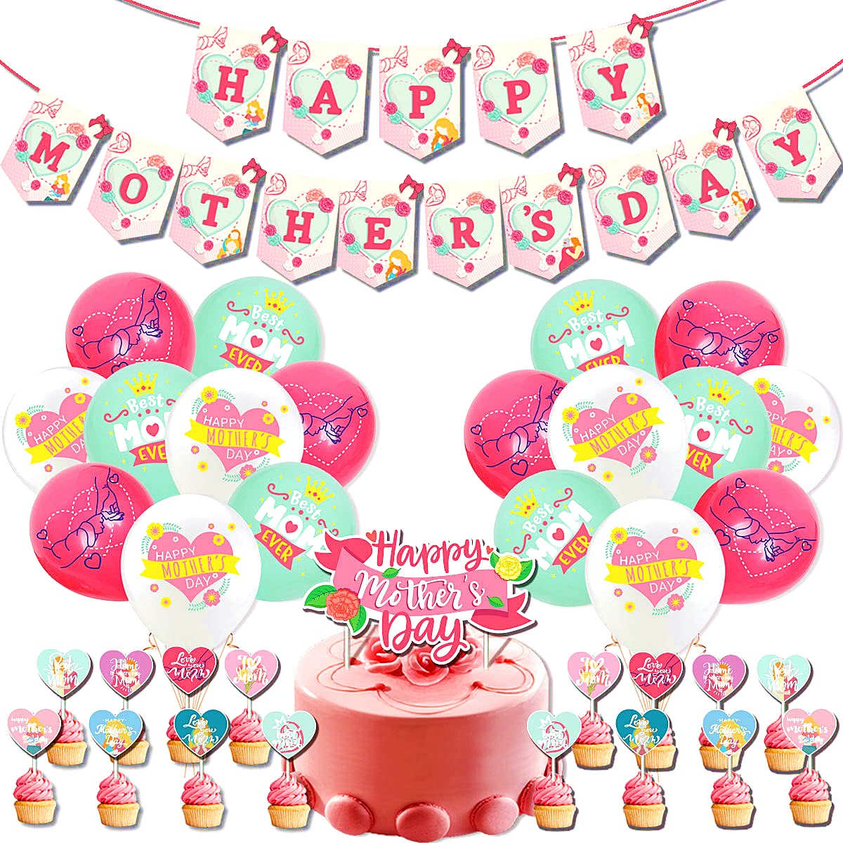 Mother's day decoration, happy mothers day cake topper pink mothers day balloons Mom Day Birthday Party Floral Banner Pattern Backdrop Decorations Sign Decor 43pieces