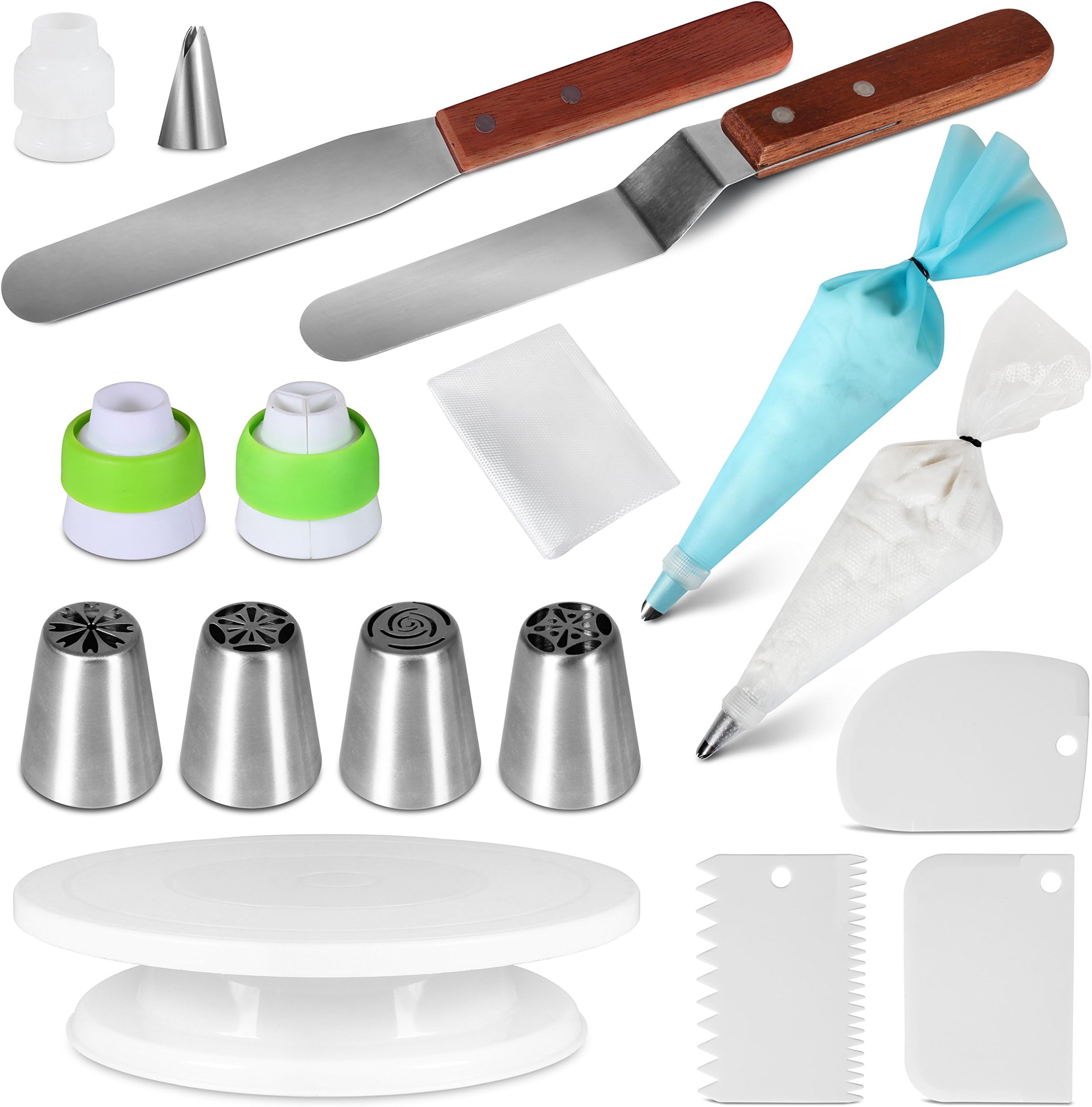 MasmaticCake Decorating Kit With Turntable 11 Inch | 4 Russian Piping Tip | Single & Tri-bag Coupler,3 Smoothers & Stainless Steel Spatulas |10 Disposable Icing Bags- Icing Cake Tools 25 Pcs