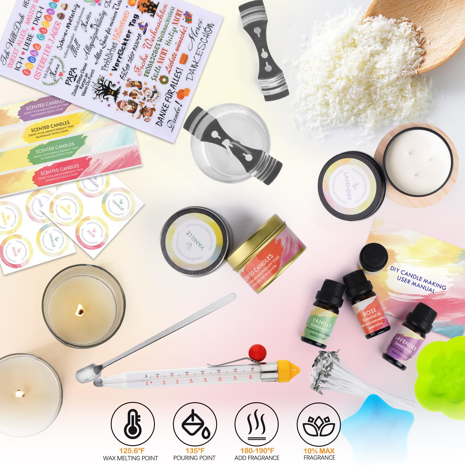 Vorlestour Kerzen Selber Machen Set, 162 Candle Making Kit mit 480g Wachs, Wachsschmelztiegel, Kerzentattoos, 8 Farbstoffen, 4 Düften, DIY Gießen Kerzen für Kinder Erwachsene