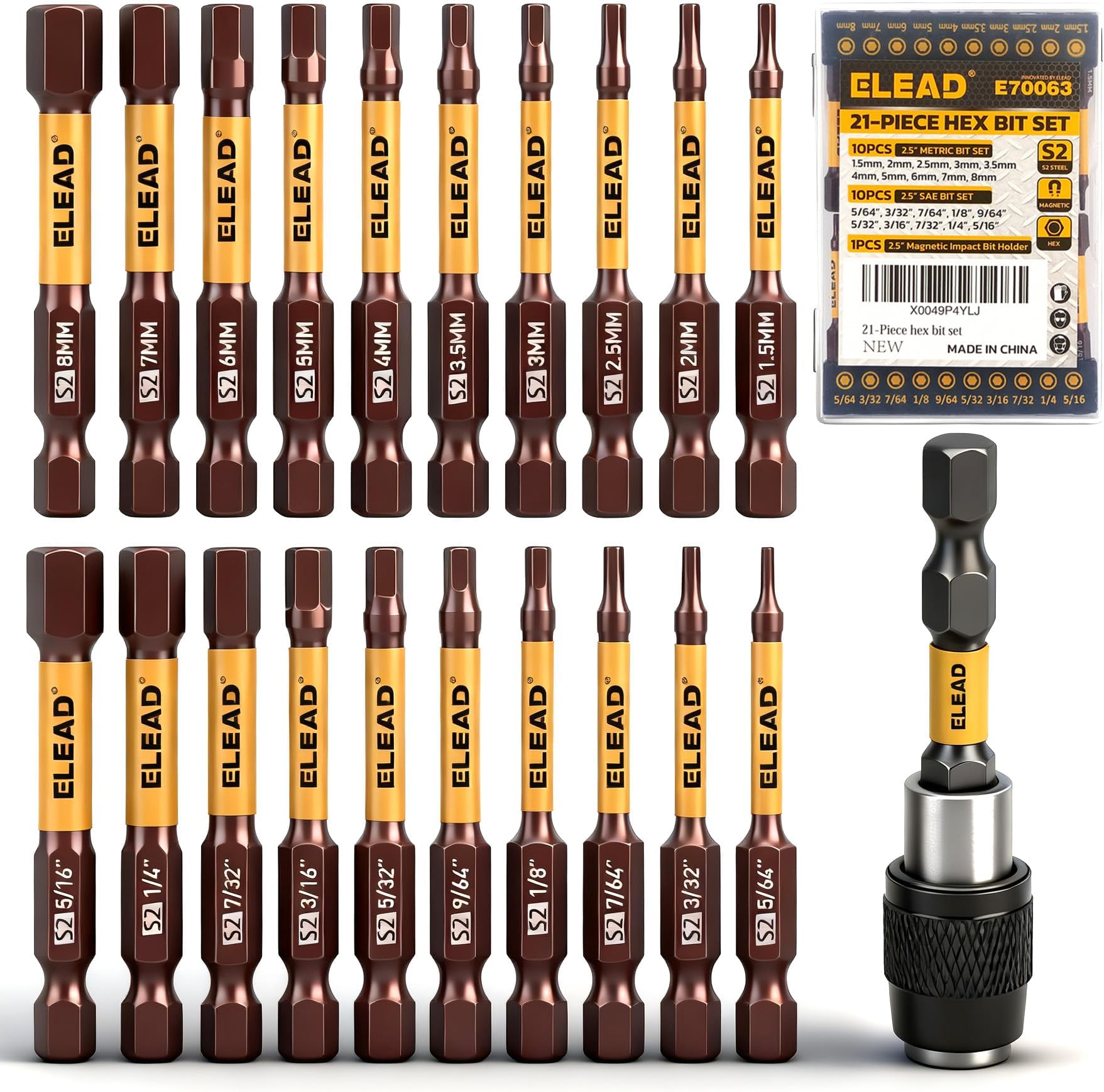 ELEAD Allen-Wrench Hex Drill Bit Set: 21PCS Durable Impact Allen Key Set, Long-Lasting Strong Magnetic Hex Screwdriver Bit Set, SAE & Metric Size, Mechanic Automotive Furniture DIY Home Repairs