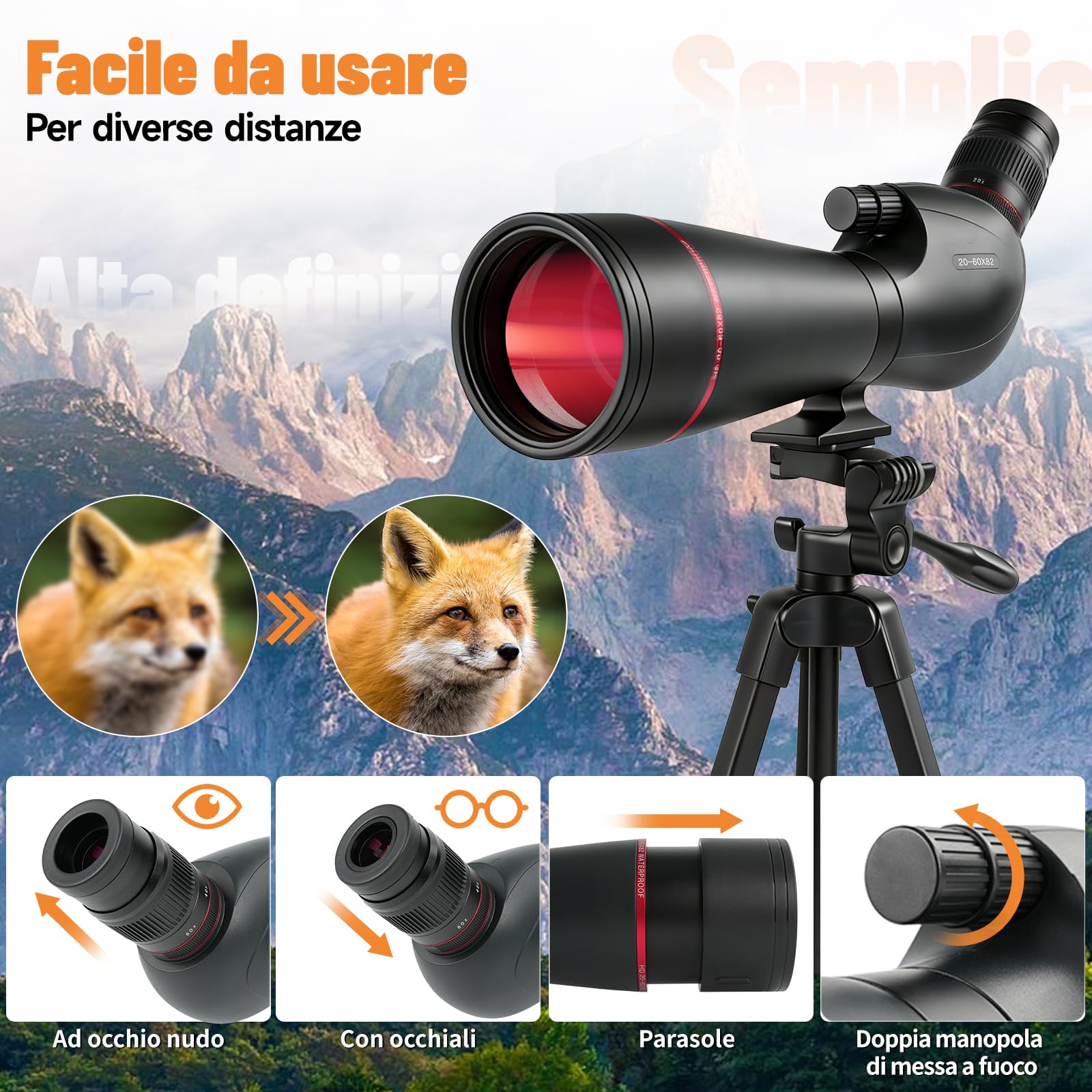 Cannocchiale da Punta HD 20-60x82 BAK4 FMC Impermeabile IPX7 con Treppiede, Adattatore Smartphone per Caccia Birdwatching Tiro