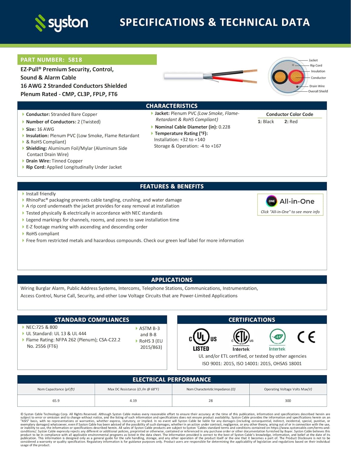 SYSTON 16/2 Fire Security Control Alarm Cable Wire, 16 AWG 2 Conductors 100% Stranded Copper, Plenum-Rated CMP/CL3P Shielded, UL/ETL Listed, for Indoor/Outdoor Low Voltage Application Use - 100 FT