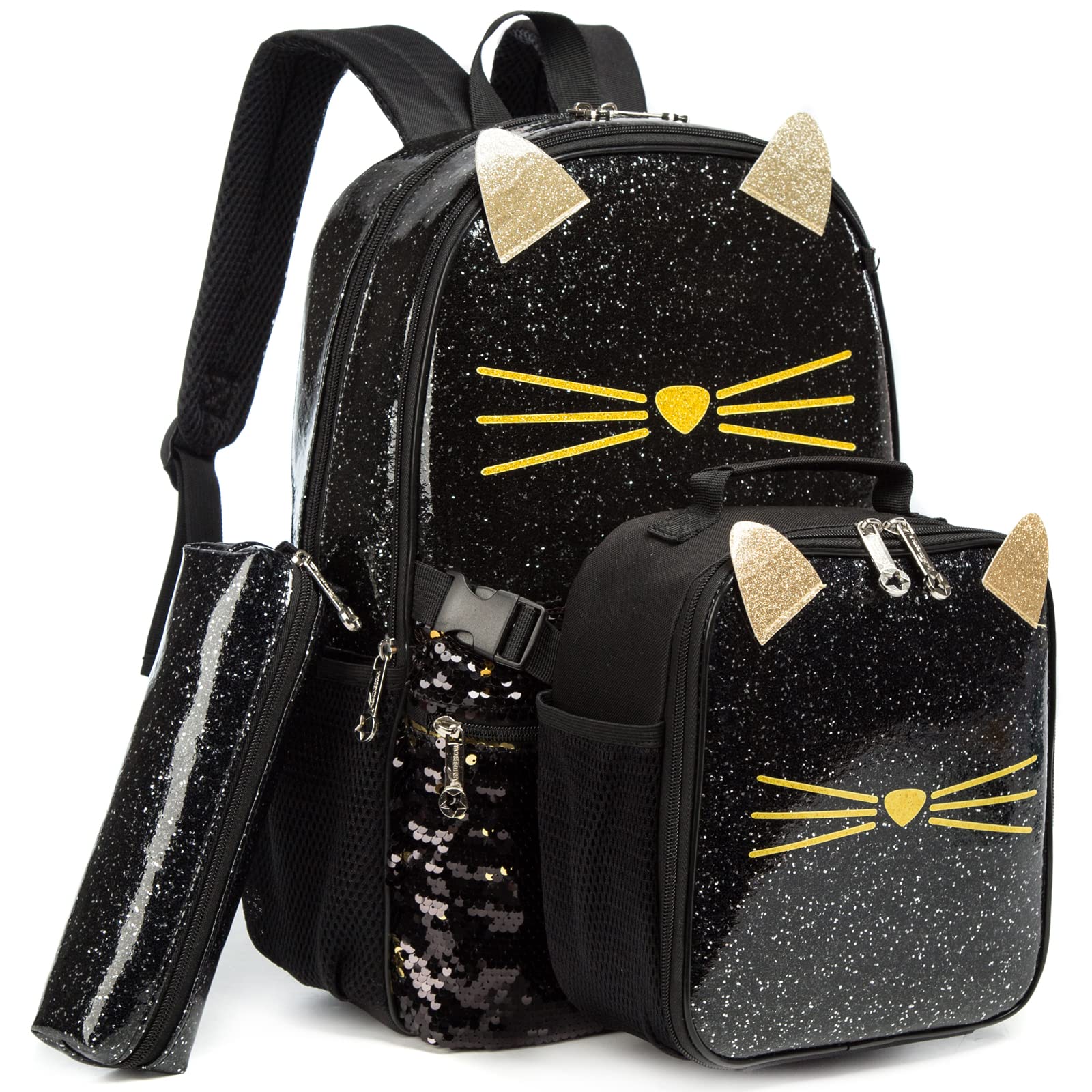 EgchesceboGirls Cat Reversible Sequin Backpack Set Magic Glitter Lightweight School Bookbag Kids Bling School Backpack for Girls 16" 3PCS Black Backpack with Lunch Box Set Black