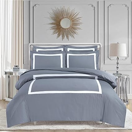 Majestic Giftware Madison Linen 6-Piece King Size Bedding Set (BL3-K-2) | Province Hotel Collection-Gray-White Tape 400 TC Cotton Sateen | 1 Fitted Sheet, 1 Duvet, 4 Pillowcases