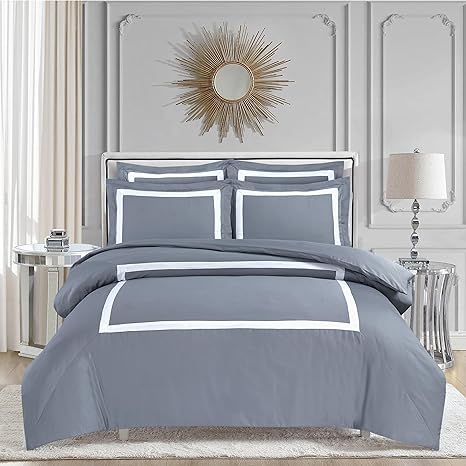 Majestic Giftware Madison Linen 6-Piece King Size Bedding Set (BL3-K-2) | Province Hotel Collection-Gray-White Tape 400 TC Cotton Sateen | 1 Fitted Sheet, 1 Duvet, 4 Pillowcases