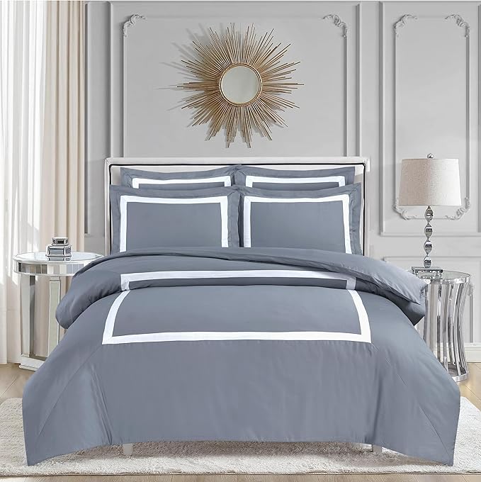 Majestic Giftware Madison Linen 6-Piece King Size Bedding Set (BL3-K-2) | Province Hotel Collection-Gray-White Tape 400 TC Cotton Sateen | 1 Fitted Sheet, 1 Duvet, 4 Pillowcases