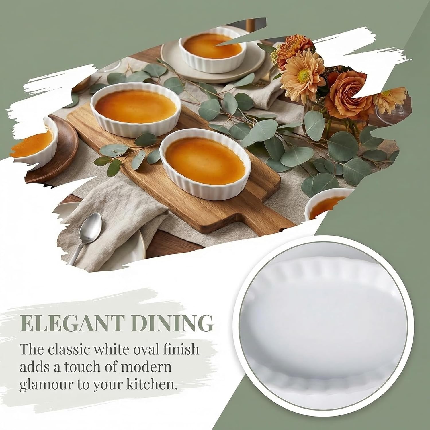 Creme Brulee Ramekins, 6 Pcs Oval Ceramic Baking Dishes 4 OZ, 5.2 Inch Oven Safe Baking Dishes for Souffle, Dessert, Baked Gratins, Prep Bowls for Ingredients, Dipping Sauces - Dishwasher Safe & Stackable