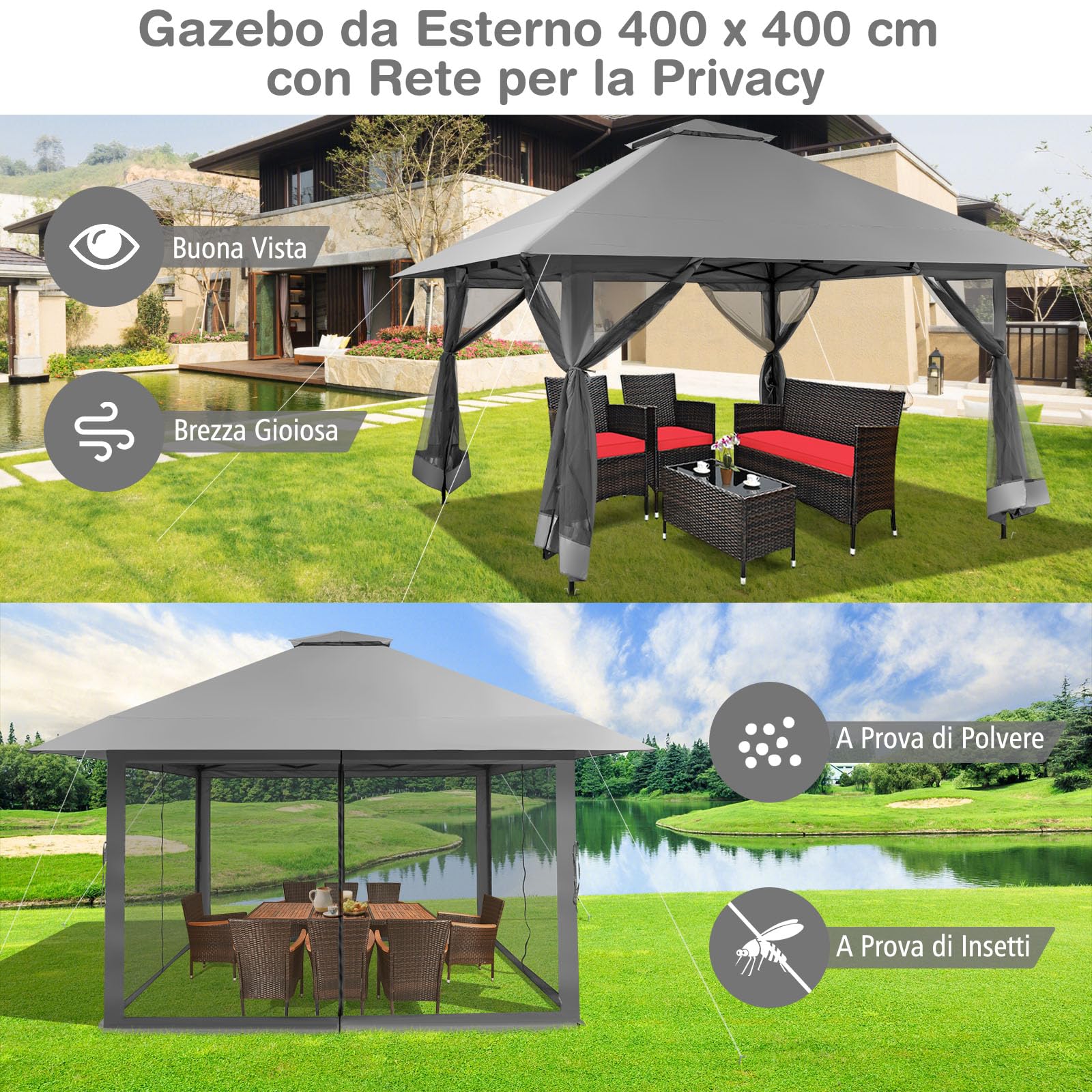 RELAX4LIFE Gazebo da Giardino 4x4M, Pop-up Pieghevole con Zanzariera e Doppio Tetto, Altezza Regolabile per Patio, Giardino e Cortile (GRIGIO)