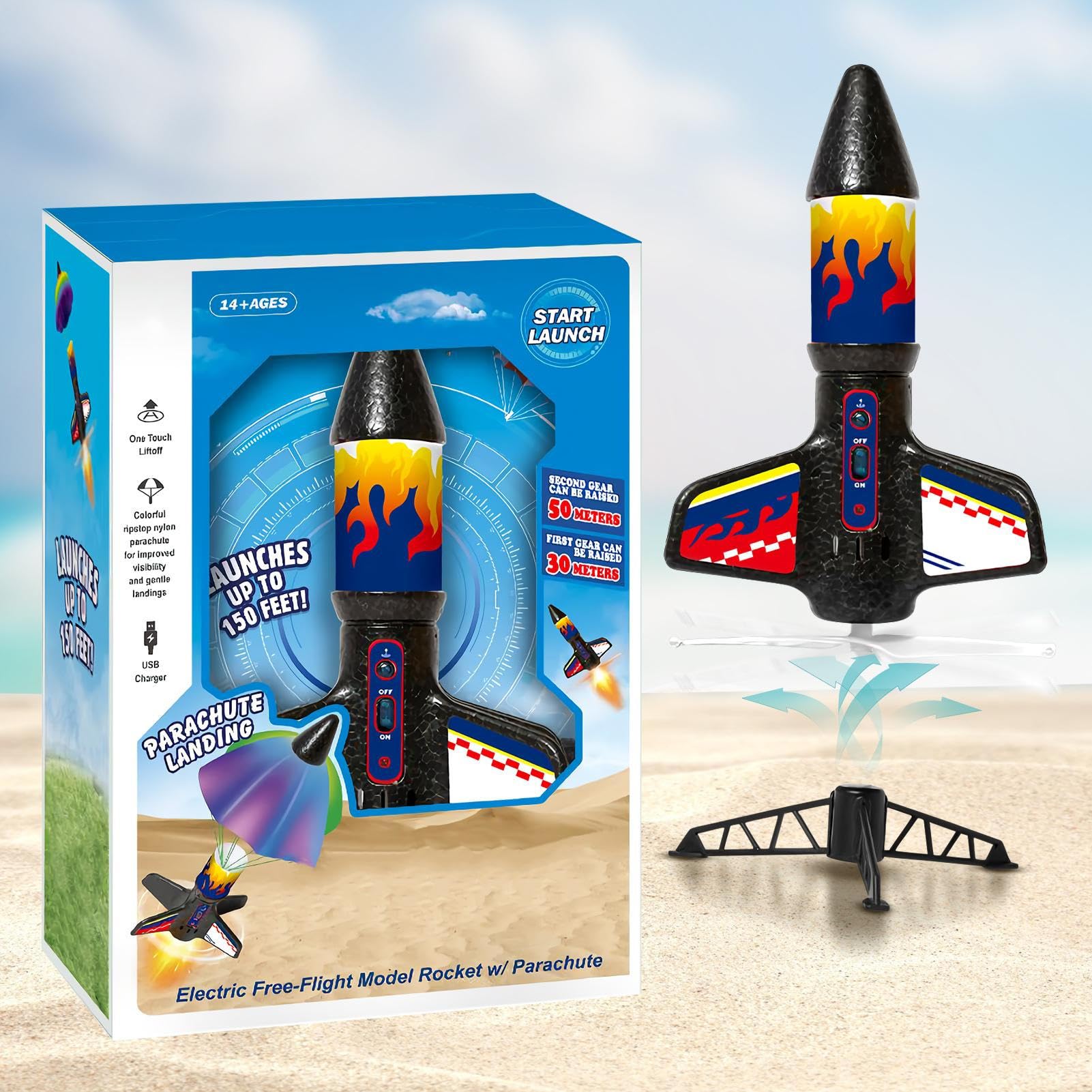 Rocket Toy, Launching Rockets, Stem Outdoor Launcher Toys with Colorful Parachute 12 Inch Height, Safe Compact and Easy to Use Science Games for Kids, Students, Parent-Child, Outdoor Activities