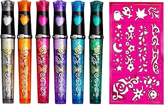 Panduro Children's Tattoo Pens, Set of 6, Glitter Tattoo Pens, Children, Skin-friendly, 1 Stencil with Different Patterns, Perfect for Girls, Gift, Birthday Parties, Carnival and Christmas