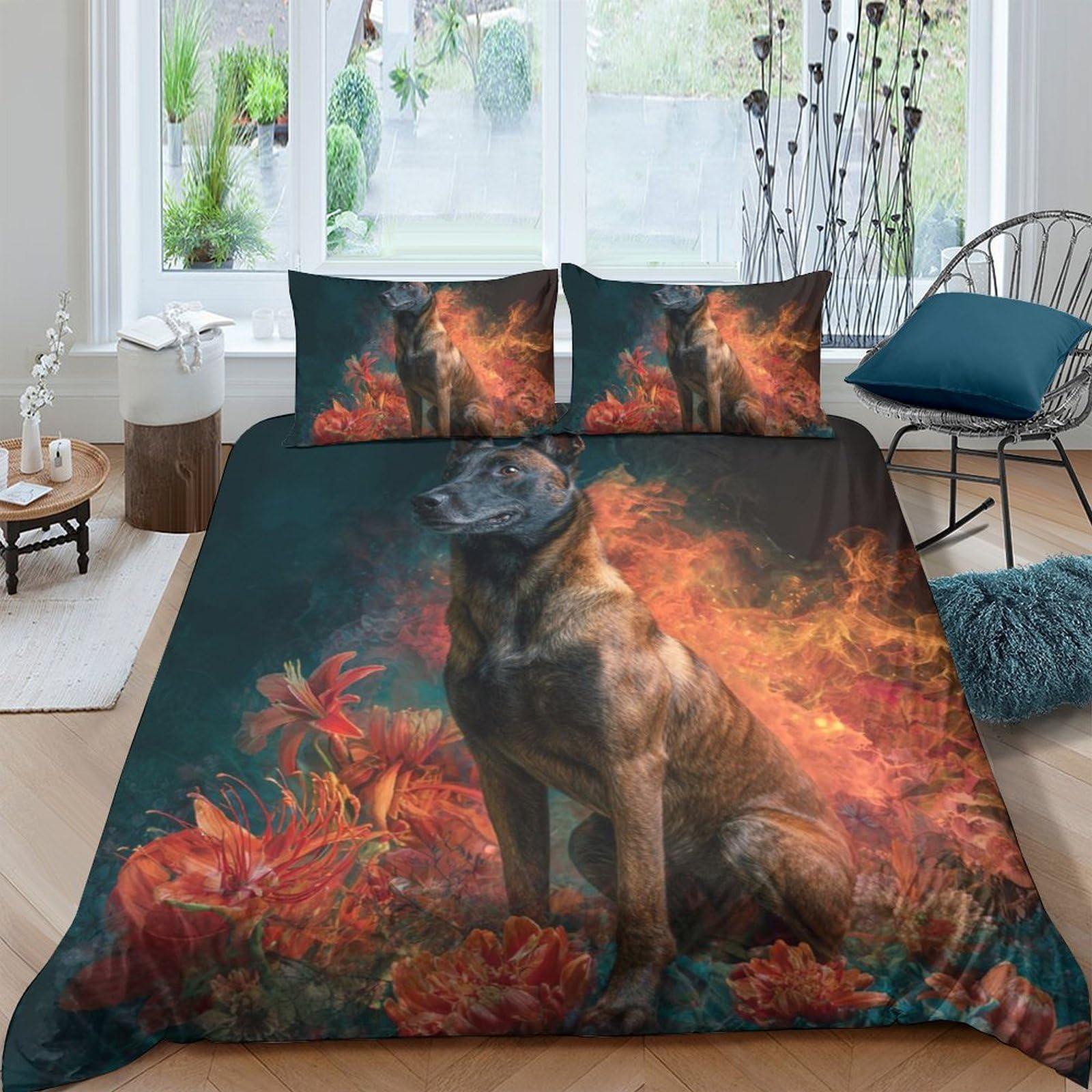 Ctjqhvkz Style-7 3D Printed Wolf Fire Fitted Sheet Microfiber Autumn Forest Bed Cover For Bedroom Guest Room Decor Easy Care Single（135X200cm）