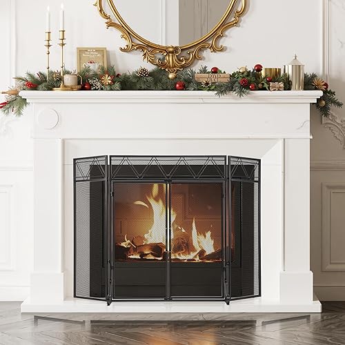 Miniatura 9 de BEAMNOVA - Pantalla para chimenea de 50.2 x 34.3 pulgadas, color negro, con puertas y herramientas, protector contra chispas de 3 paneles, plegable,