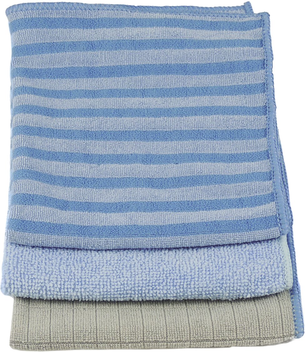 Unger Microfiber Vielzwecktücher im Sortimentspackung, Mikrofaser, Blau/Blau/Streifen/Beige, 12" x 12" (3 Pack), 3