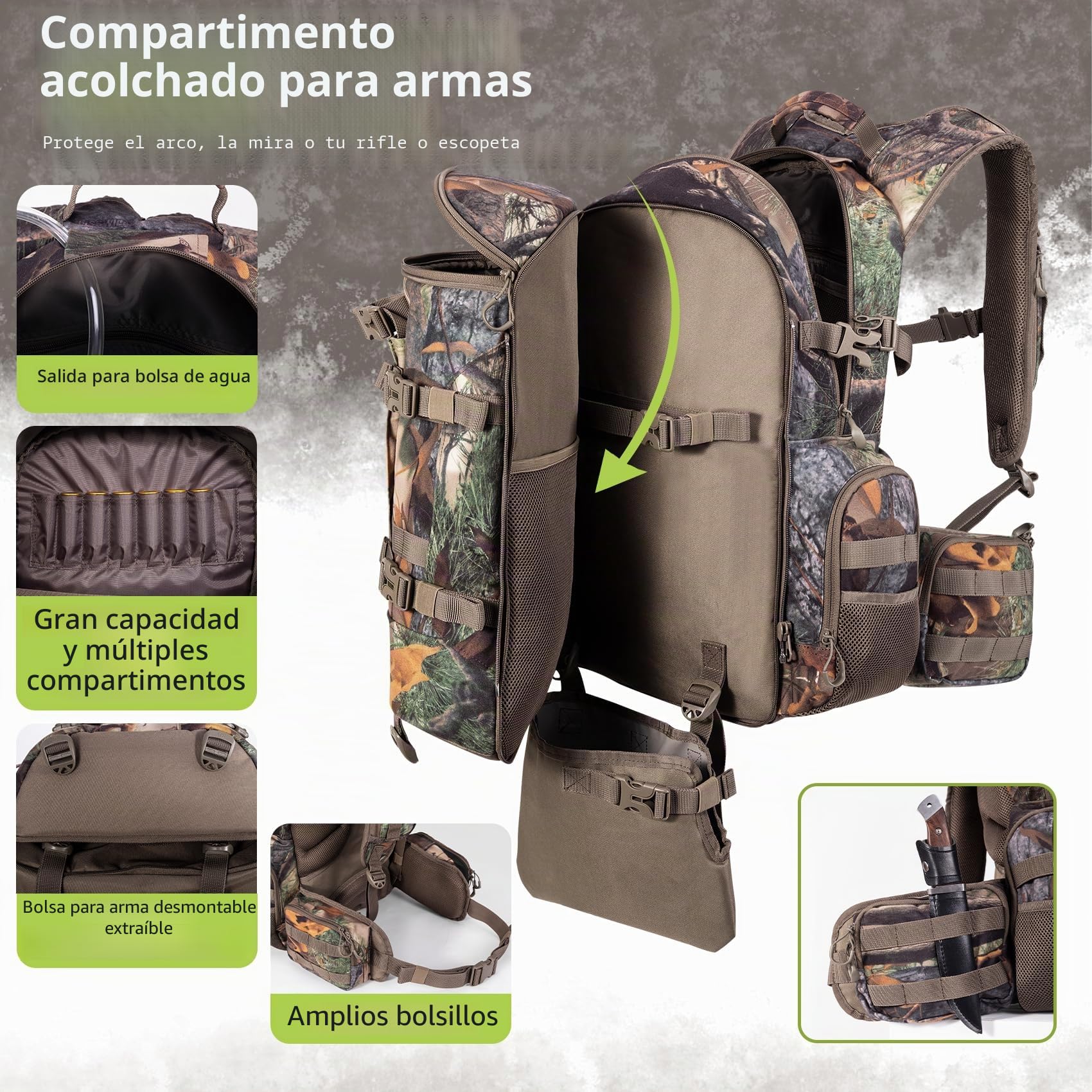 BLISSWILL - Mochila de caza grande para rifle de arco con cubierta impermeable para lluvia, accesorios de equipo de caza, 40 l