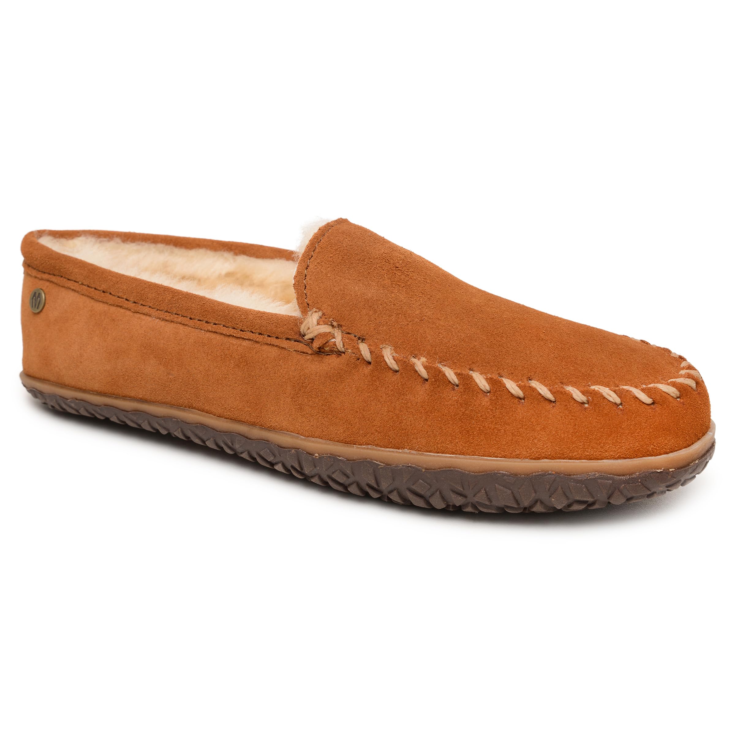 Minnetonka Tobie Men's Suede Mocassins, Fur Lined Sheepskin Slippers with Durable Indoor-Outdoor Sole