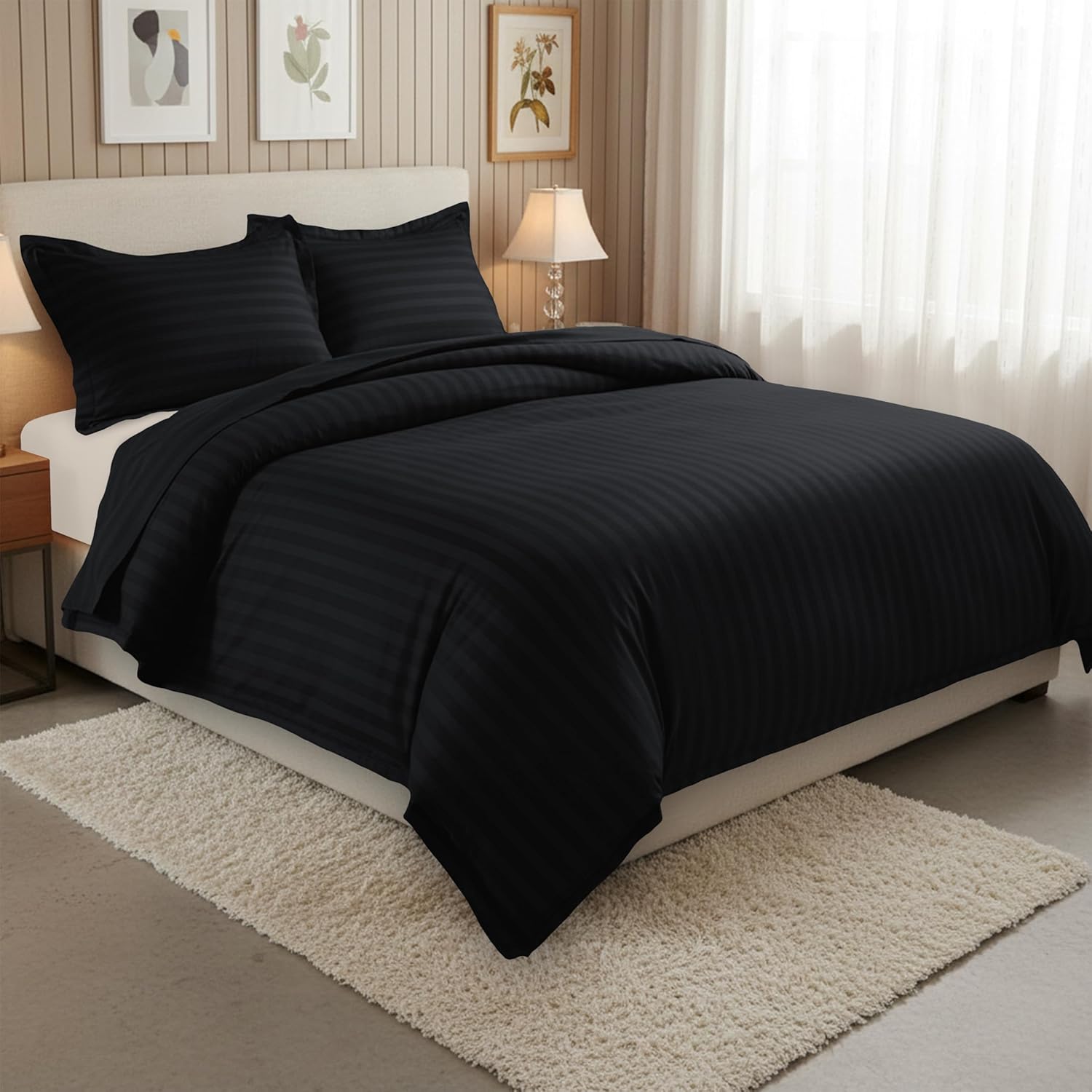 Elegant Comfort Luxury 3-Piece Striped Duvet Cover Set! - 1500 Premier Hotel Quality Silky-Soft Wrinkle Resistant Damask Stripe Duvet Cover Set, King/California King, Black