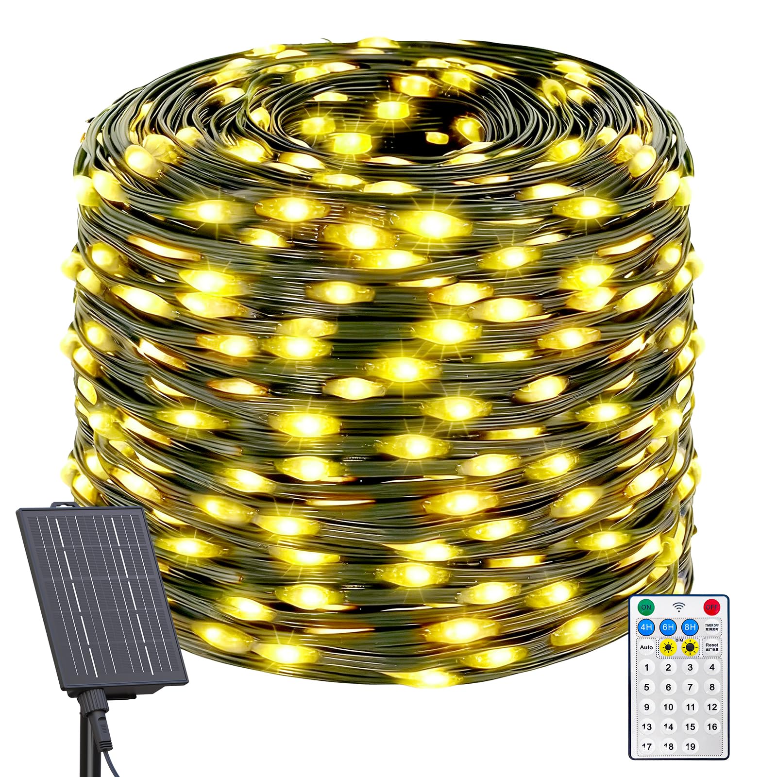 Guirlande lumineuse solaire d'extérieur - 42 m - 400 LED - 19 modes - Étanche IP65 - Éclairage de Noël - Blanc chaud