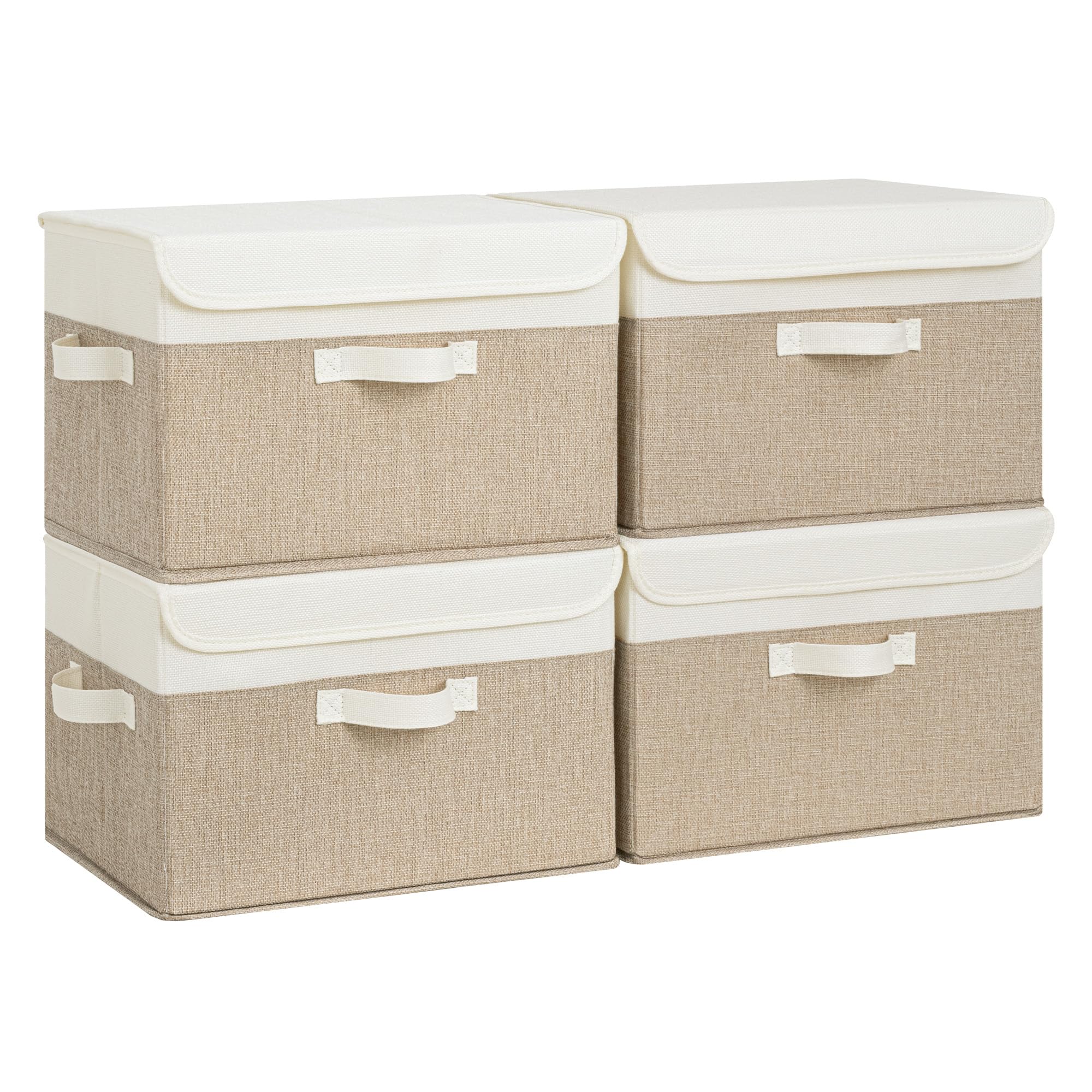 GRANNY SAYS Large Storage Boxes with Lids, Pack of 4 Decorative Fabric Storage Boxes for Shelves, Foldable Closet Organisers and Baskets Organisation, Clothes Box for Organising Bedroom, White/Khaki