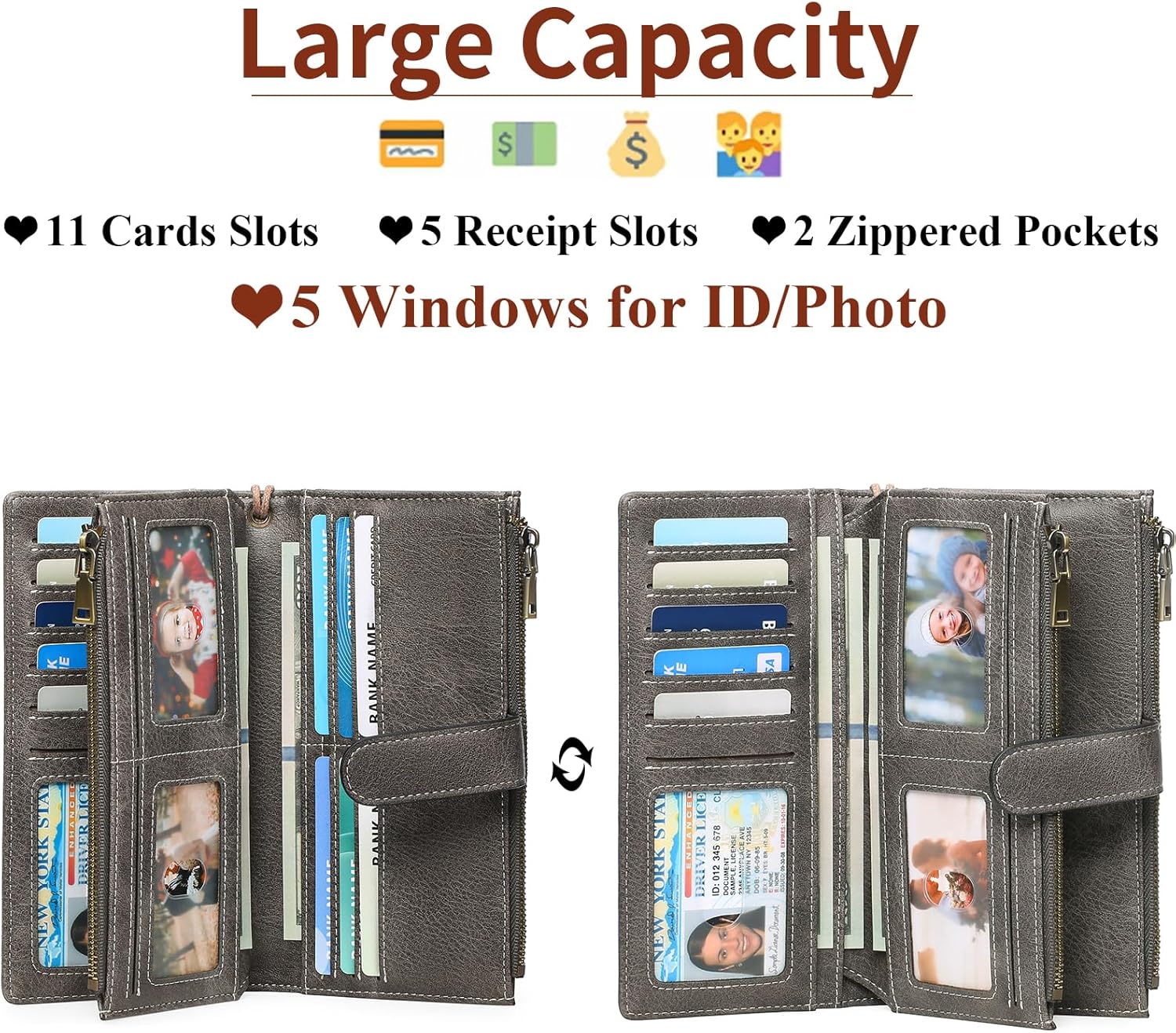 GOIACII Womens Wallets Large Capacity Credit Card Holder Rfid Wallet Women Double Zipper Pocket Leather Bifold Ladies Wristlet Clutch Wallet - Image 2