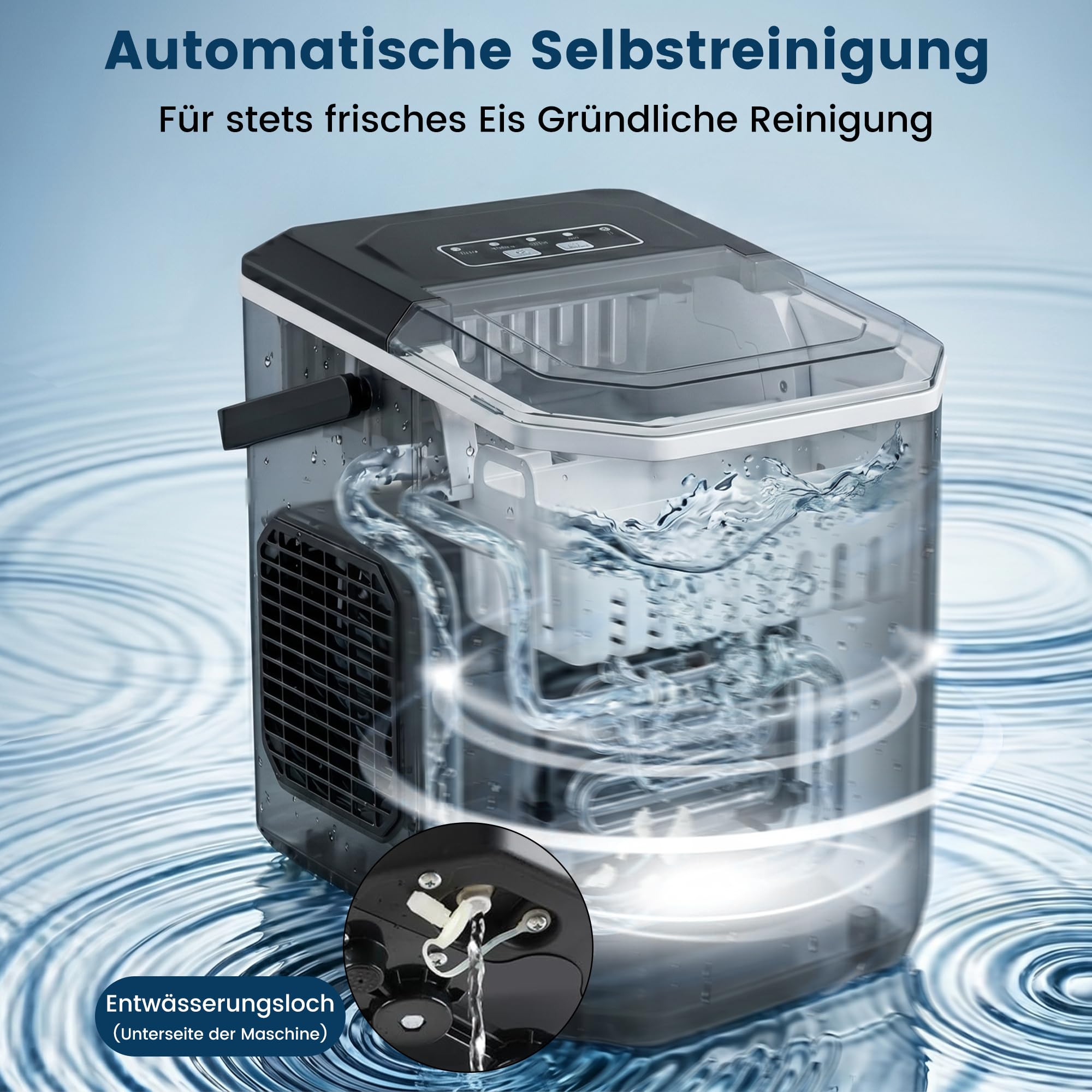 Eiswürfelmaschine Klein, Eiswürfelbereiter mit Tragbarem Griff, 2 Eiswürfel Größen, 9 Würfel in 6 Minuten Fertig, Selbstreinigende Eiswürfelmaschinen Ice Maker für Zuhause