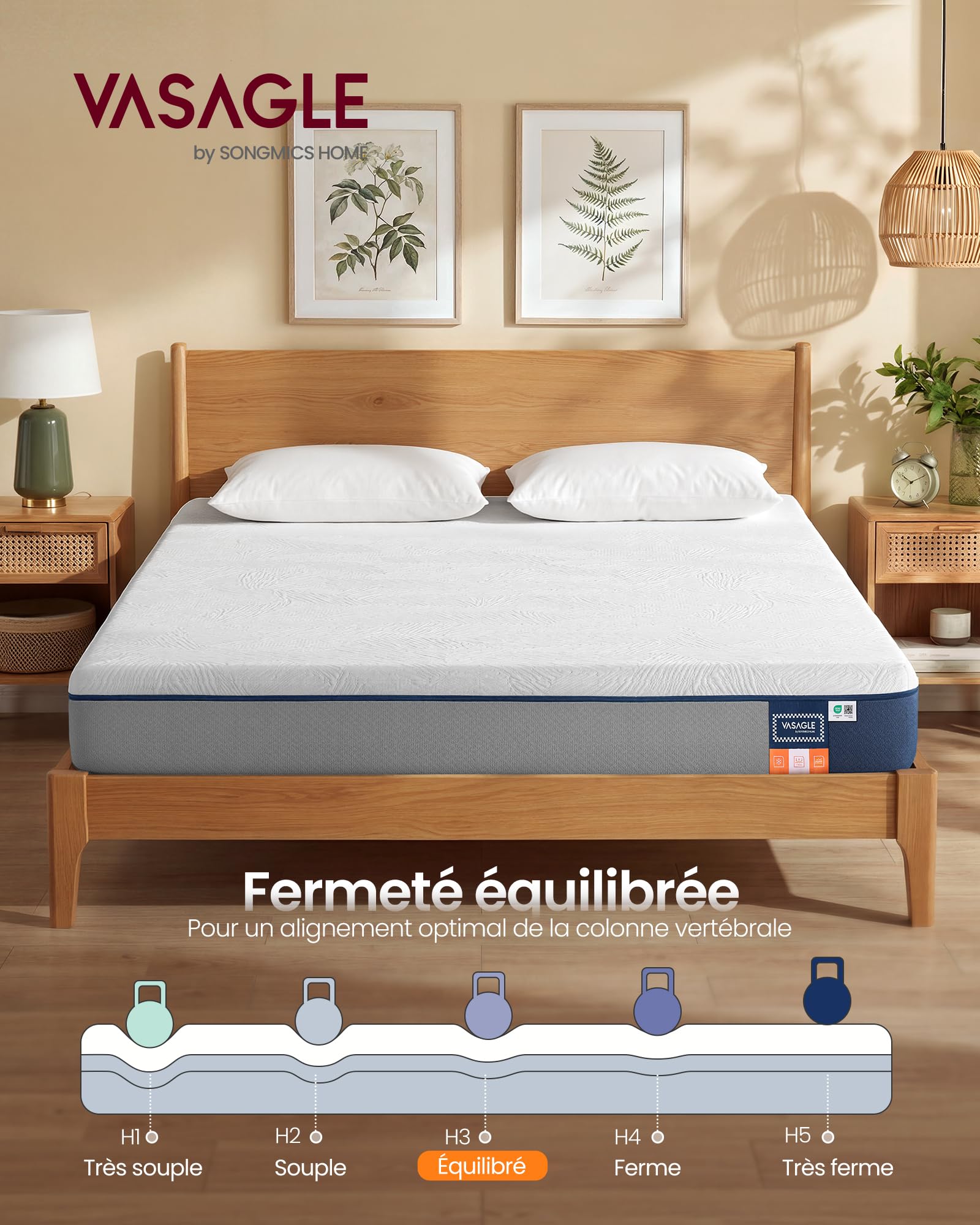 VASAGLE Matelas 140 x 190 cm, Matelas 2 Personnes, Mousse à Mémoire de Forme Gel, Soutien Mi-Ferme sur 7 Zones, Housse Respirante, Amovible et Lavable en Machine, 20 cm d’Épaisseur, Bleu RMZ123QZ01