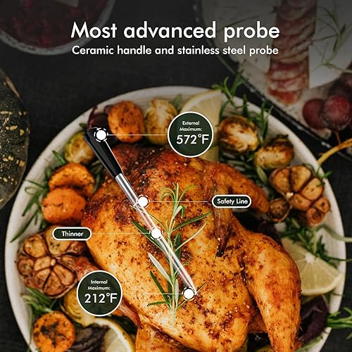 Miniatura 5 de Termómetro inalámbrico inteligente para carne con sonda más fina, termómetro magnético Bluetooth para alimentos, seguimiento remoto y lecturas en