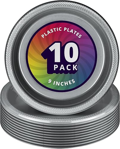 DecorRack 10 Large Plastic Plates, 9 inch Dinner Plates, Disposable Tableware for Kids Birthday Party, Silver (Pack of 10)
