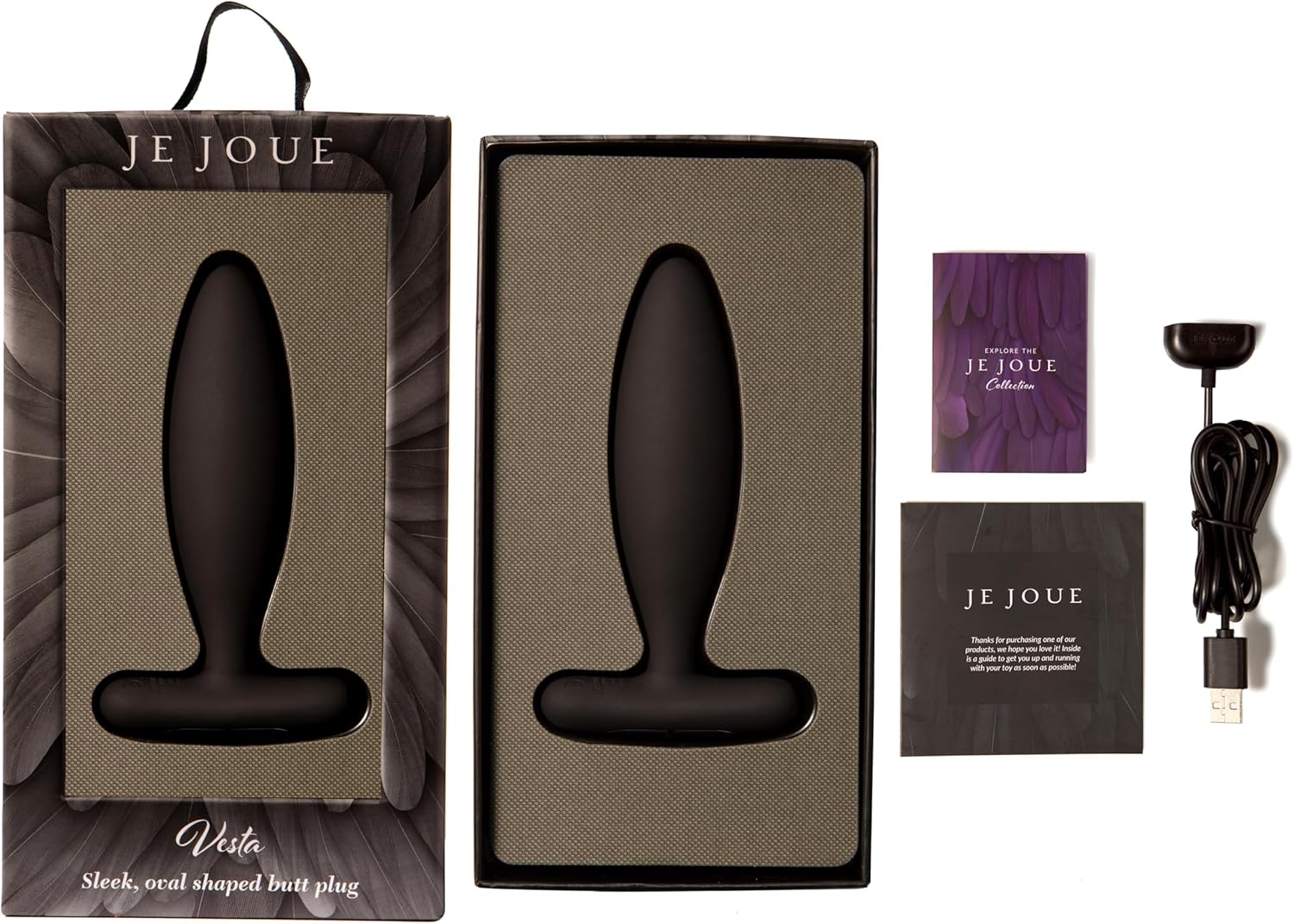 Je Joue Vesta packaging contents, including the device, charging cable, and instruction booklet.