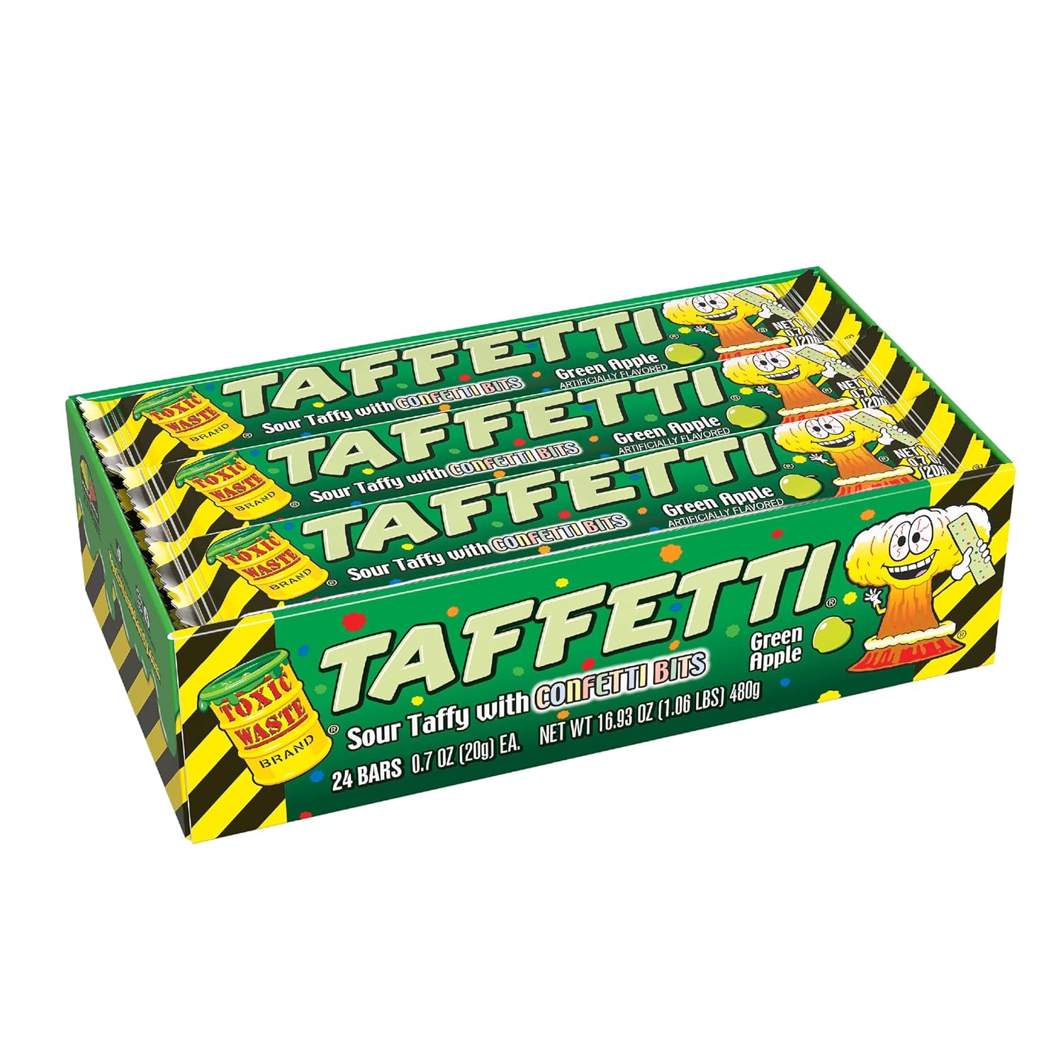 TOXIC WASTE - TAFFETTI - Green Apple Sour Taffy with Crunchy Confetti Bits – Extreme Sour Chewy Candy – Novelty Fun Snack for Kids & Adults – 2.5 oz - 24 Pack