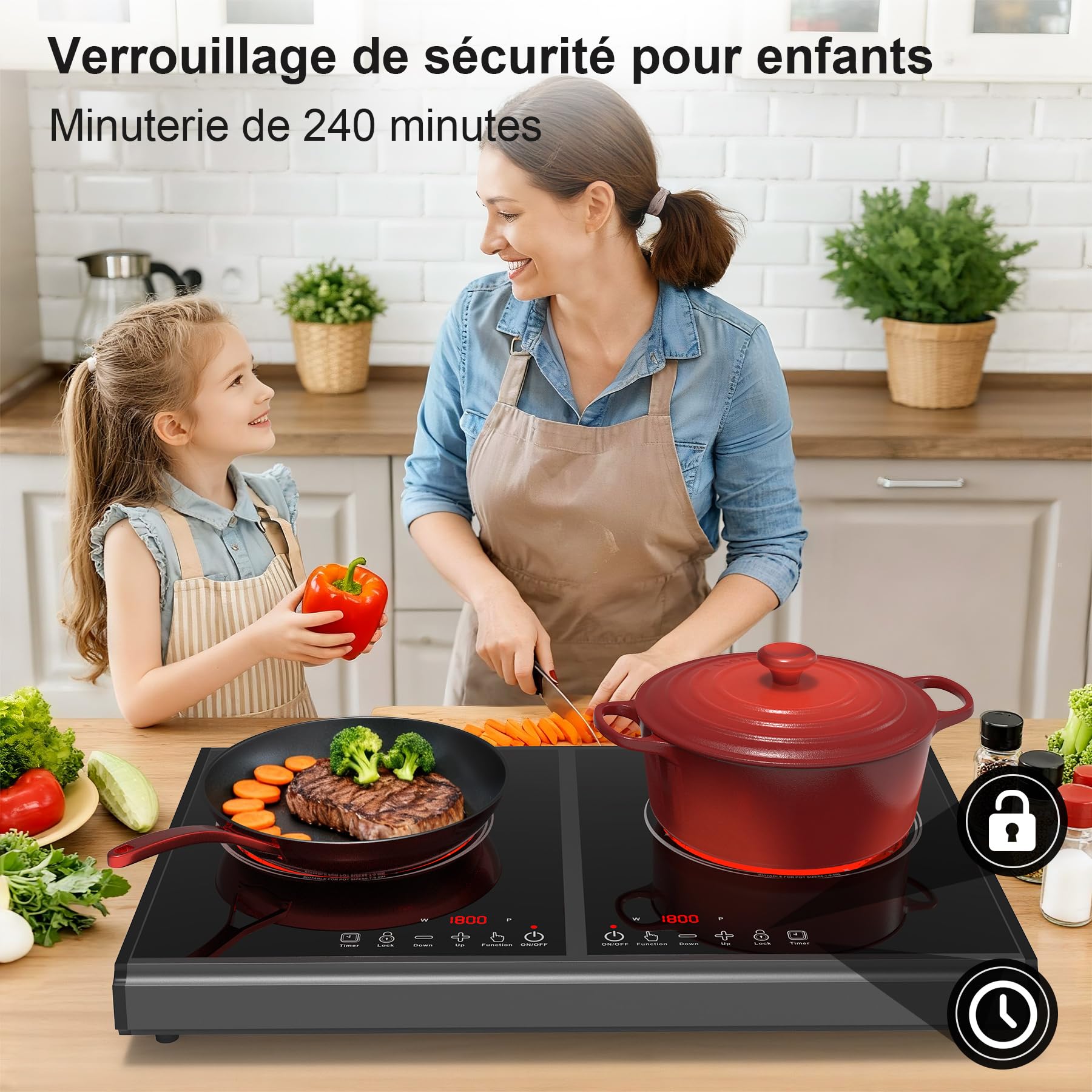 VBGK plaque cuisson électrique. 220 V, 3600 W, plaque de cuisson électrique 2 feux, plan de travail avec 9 niveaux de puissance, commande tactile LED, protection contre la surchauffe