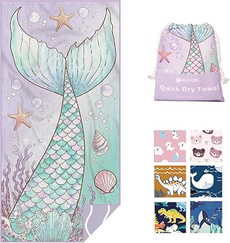 Eunzel Microfiber Kids Beach Towel, Quick Dry Towels for Girls & Boys Sand Free Travel Towel for Beach, Camping, Swim Pool 60"x30",Mermaid Tail