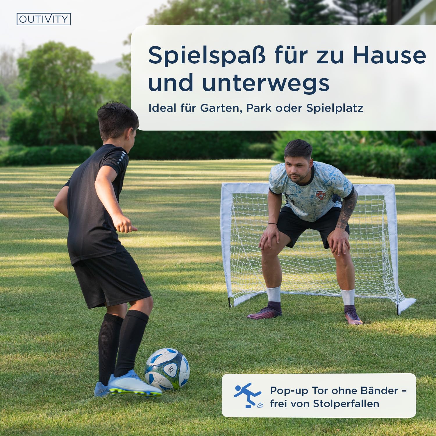 Fußballtor für Kinder 2er Set weiß, ohne Stolperfalle, je 120x90cm, inkl. 8+2 Heringen und Tragetasche, pop-up Fussballtore für Garten Kinder