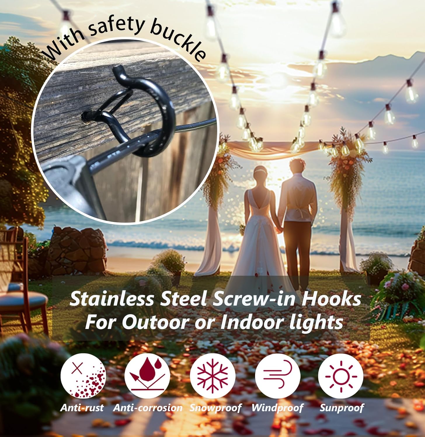 String Lights Screw Hooks for Hanging, Ceiling Hooks for Hanging Solar,Outdoor String Lights, Plant Hangers Outdoor with Safety Buckle Design for Backyard Porch Patio - 105 Pack, Black
