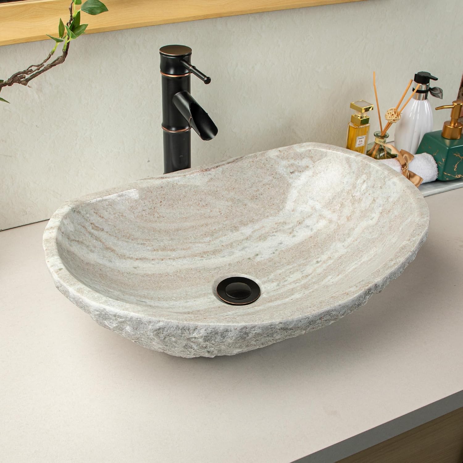 Generic Chiseled Stone Bathroom Vessel Sink - Oval Canoe Shape - 100% Natural Marble, Hand Carved Stone Vessel Sink ，Bathroom Sinks Above Counter ，Farmhouse Bathroom Sink, 14*19.5*6in, White
