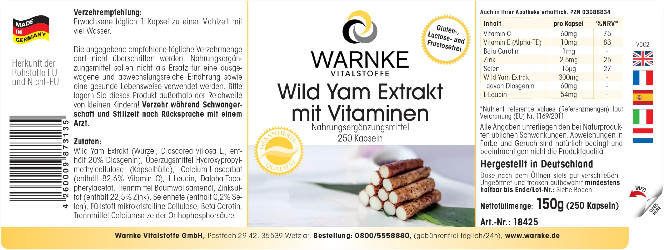 Igname Sauvage - Extrait - 250 gélules- Végétarien - 20% de diosgénine, vitamine C et E bêta-carotine, zinc et sélénium | Warnke Vitalstoffe - Qualité des pharmacies allemandes