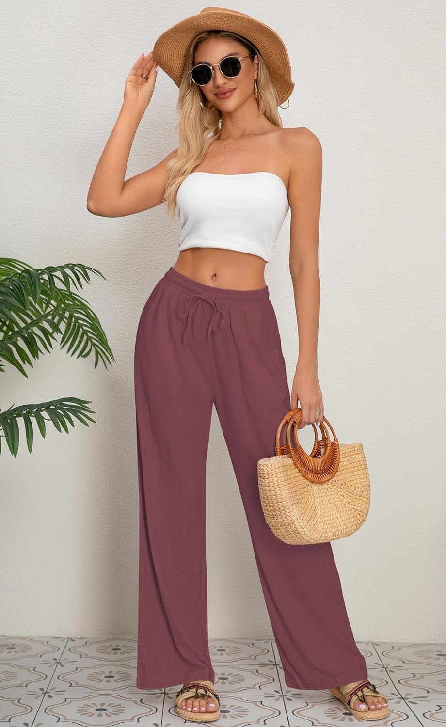 AISEW Women's Cotton Linen Palazzo Pants Drawstring Elastic Waist Casual Wide Leg Long Lounge Trousers with Pockets - Image 4