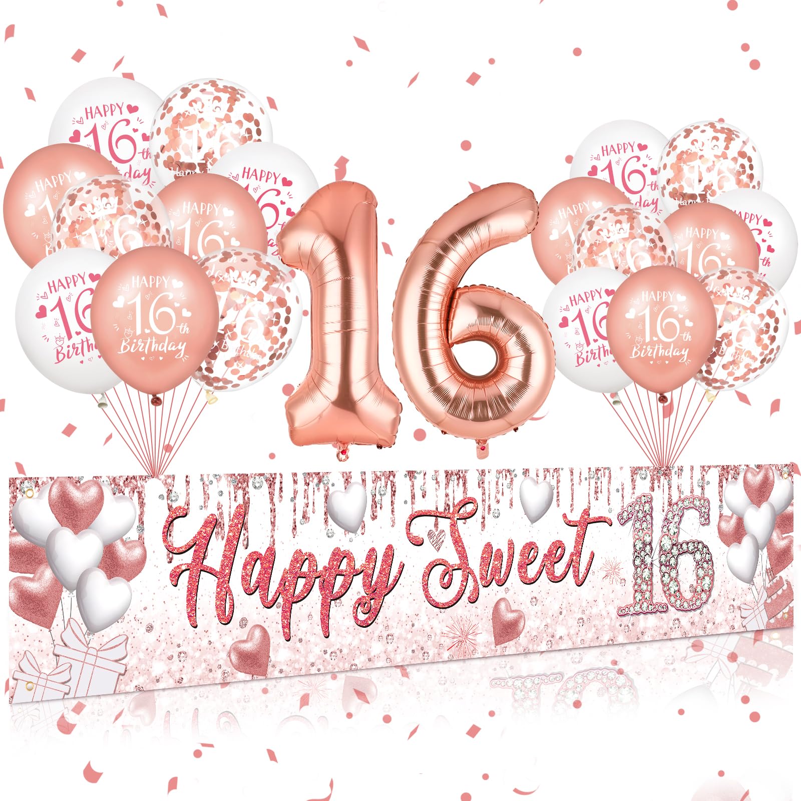 Sweet 16 Birthday Decorations Rose Gold Happy Sweet 16 Banner Bunting Triangle Flag 18 Pcs 16th Birthday Balloons 40 Inch Number 16 Balloons for Girls Sweet Sixteen Birthday Anniversary Party Supplies