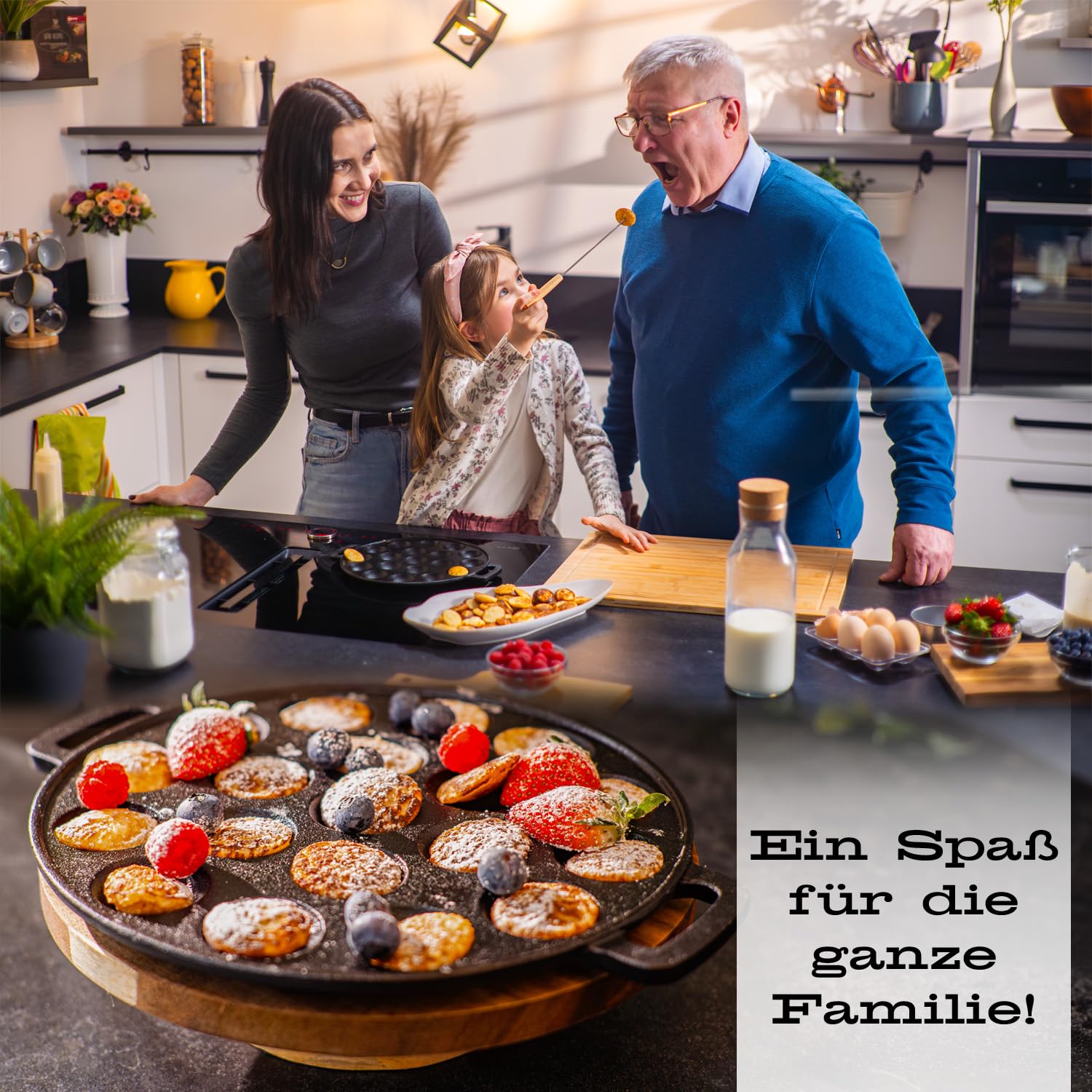 IRONO Poffertjes Pfanne - Poffertjes Maker - 19 Mini Pfannkuchen - Pancake Pfanne - Gusseisen Pfannkuchenpfanne - Eier Crepe pfanne - Inkl. Butterpinsel, Wendegabel, 6 Gabeln, Teigflasche, Griffe
