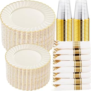 YOUBET 350PCS Ivory Scalloped Plastic Plates for Weddings | Ivory and Gold Disposable Dinnerware Set Include 100 Plates, 150 Gold Silverware, 50 Cups, 50 Napkins for Party