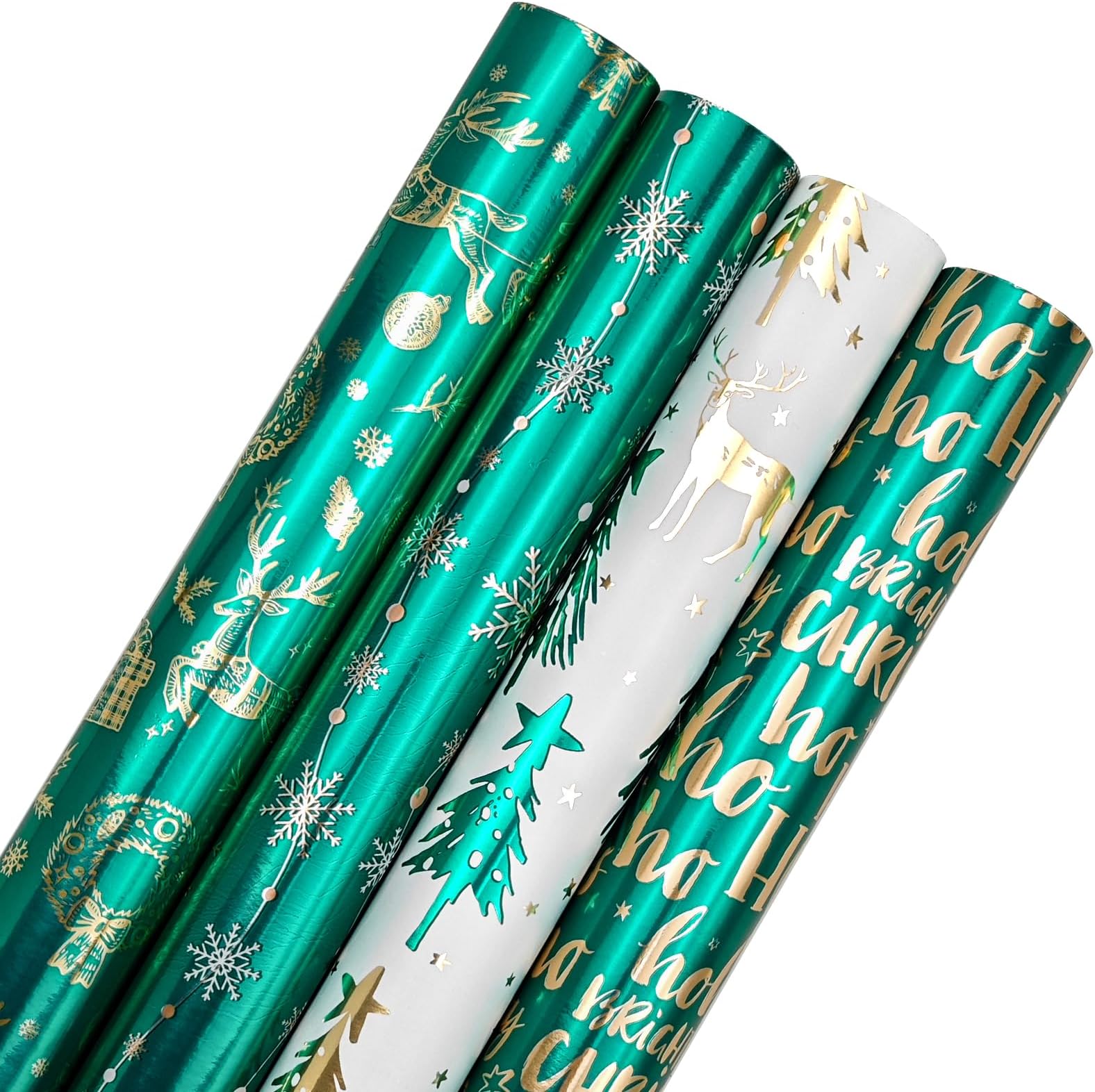 LDGOOAEL Christmas Wrapping Paper Roll with Cut Lines on Reverse - Green Xmas with Glitter Metallic Foil Shine for Holiday, Birthday, Wedding, Baby Shower - 4 Roll - 30Inch X 10Feet Per Roll