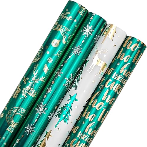 LDGOOAEL Rollo de papel de regalo de Navidad con líneas de corte en el reverso, azul marino y oro rosa con brillo metálico brillante, 4 rollos, 30