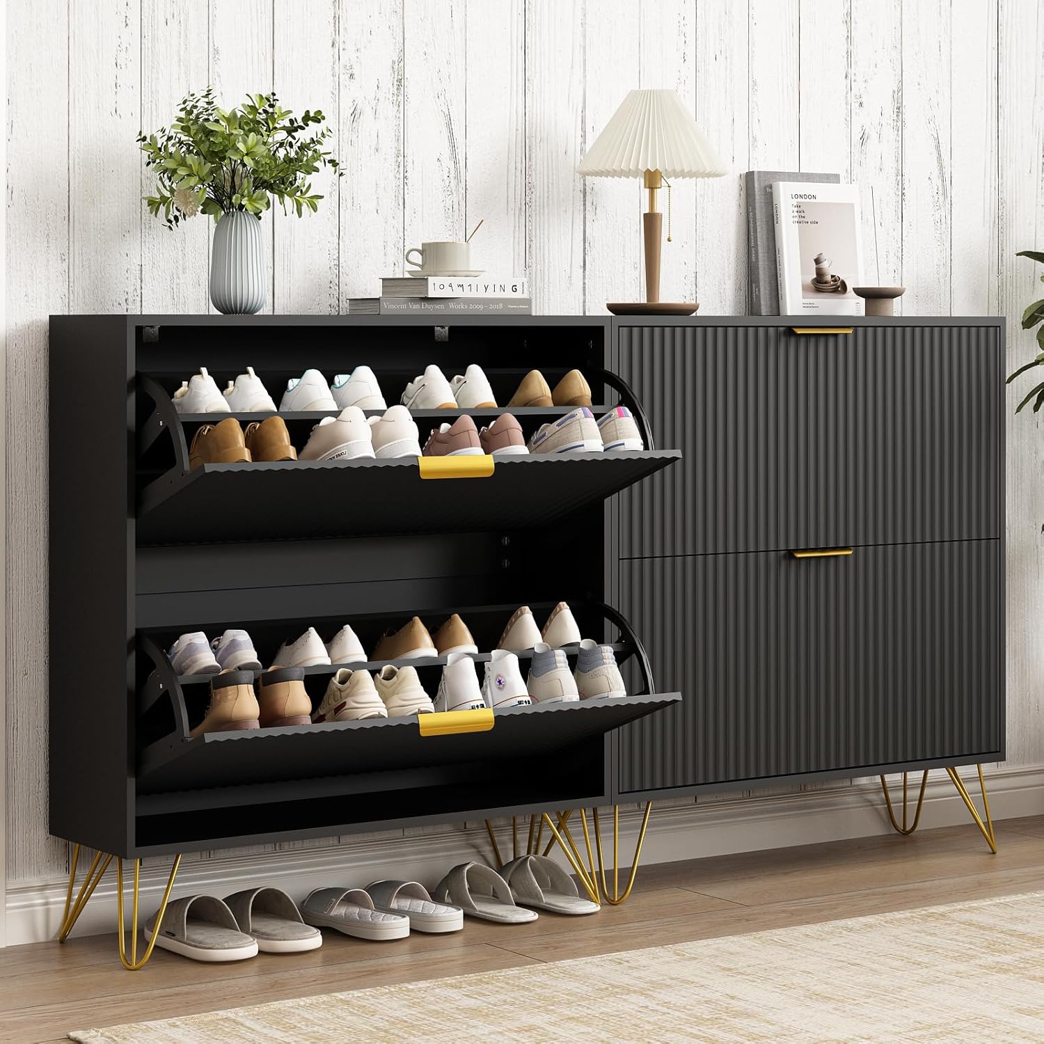 Shoe Cabinet with 2 Flip Drawers, Fluted Black Shoe Storage Cabinets, Hidden Shoe Cabinet Storage for Entryway Slim, Modern Freestanding Shoe Rack Organizer, Black