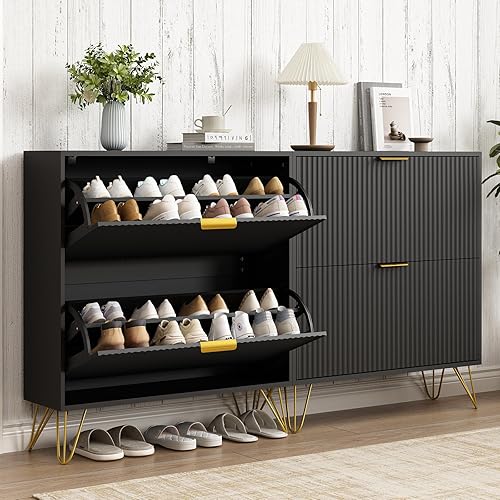 Vista 43 de Armario de zapatos con 3 cajones abatibles, armario de zapatos de mediados de siglo para entrada, gabinete de almacenamiento delgado y oculto